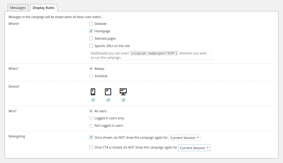 Target your Icegram Engage message using these display rules