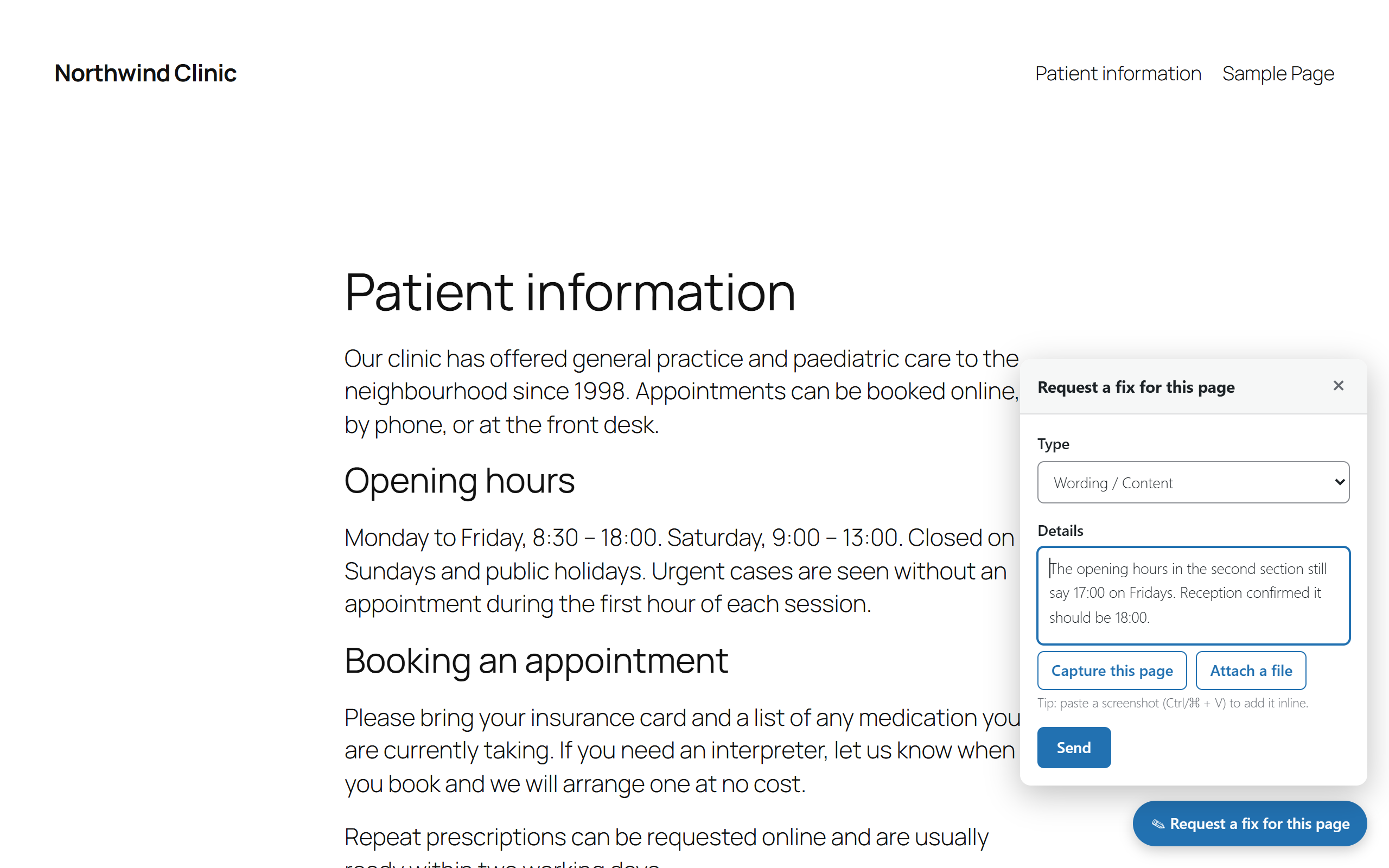 The request panel with type selector and details field.