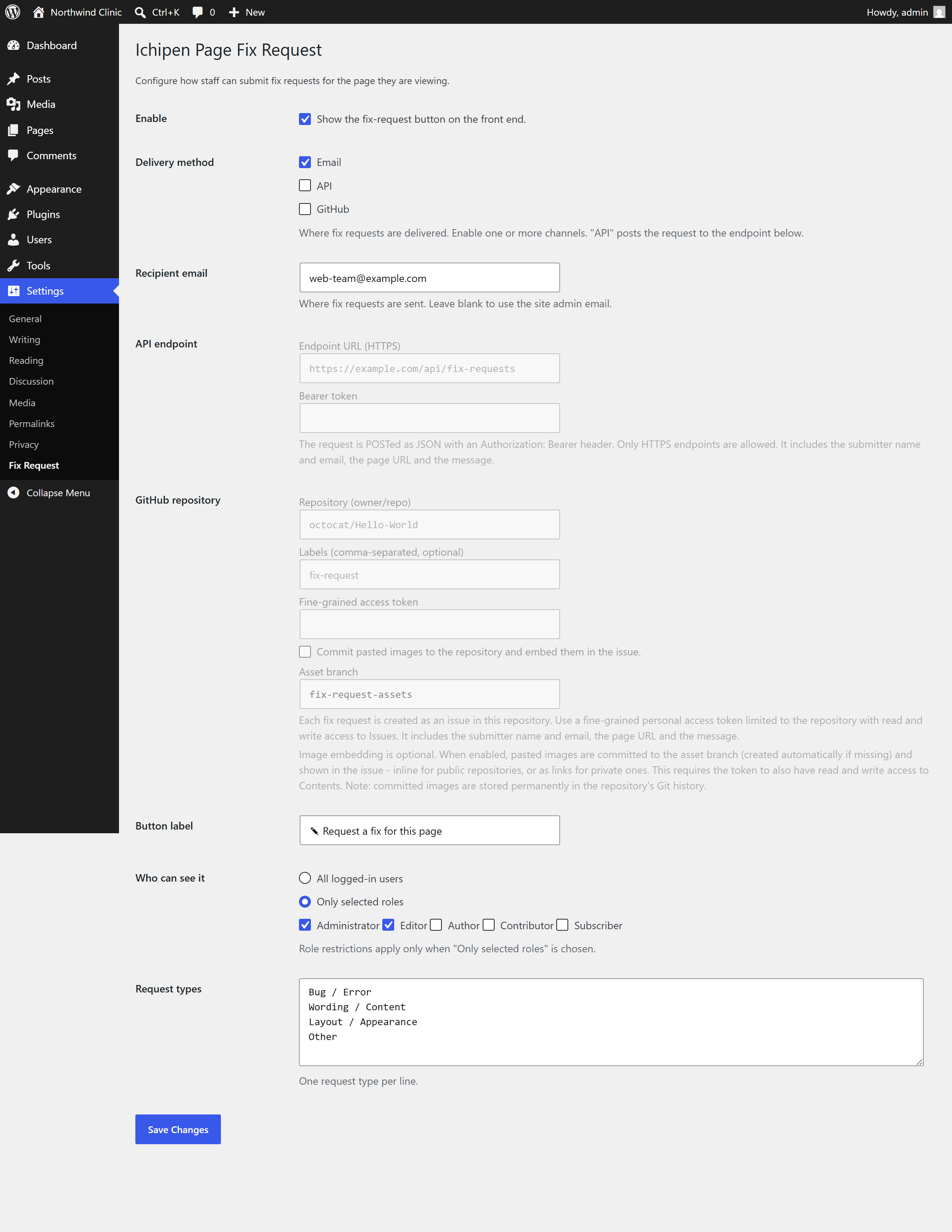 The Settings > Fix Request configuration screen.