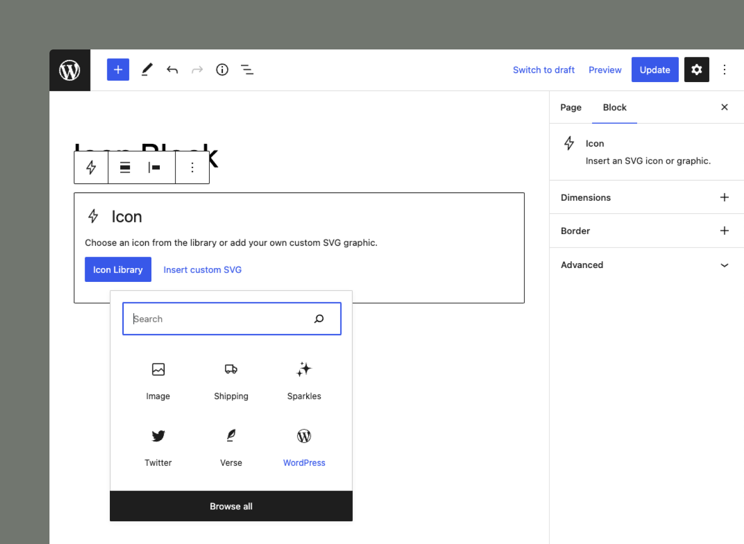 Use the "quick inserter" to pick the WordPress icon you need.