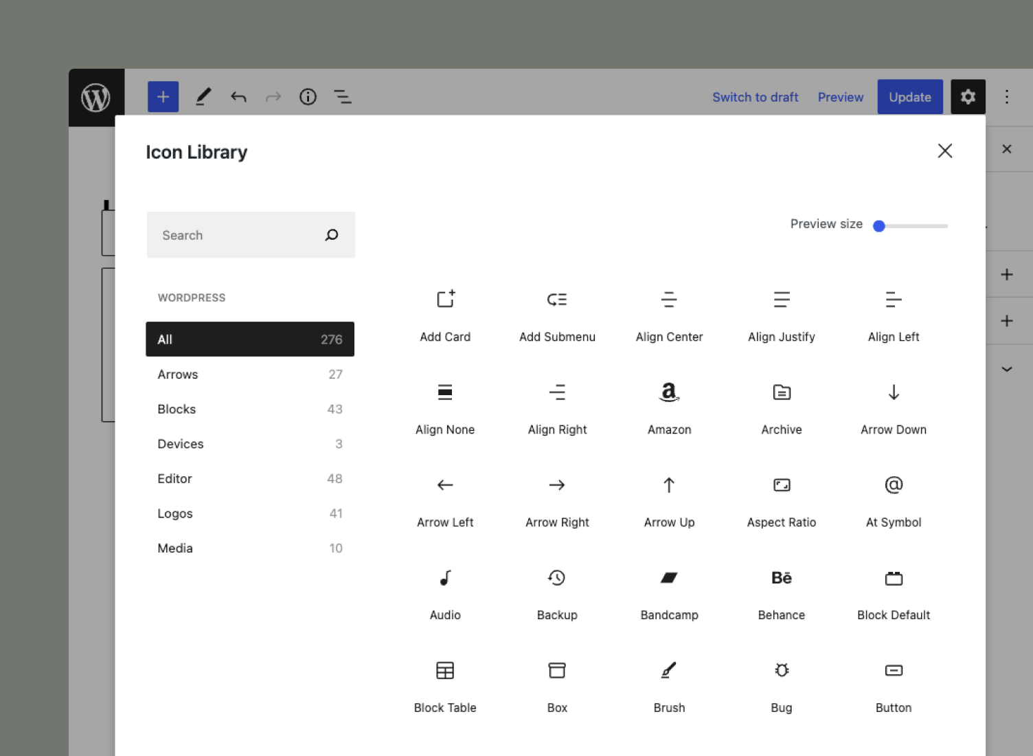 The Icon Block includes the WordPress icon library, allowing you to insert 270+ graphics.