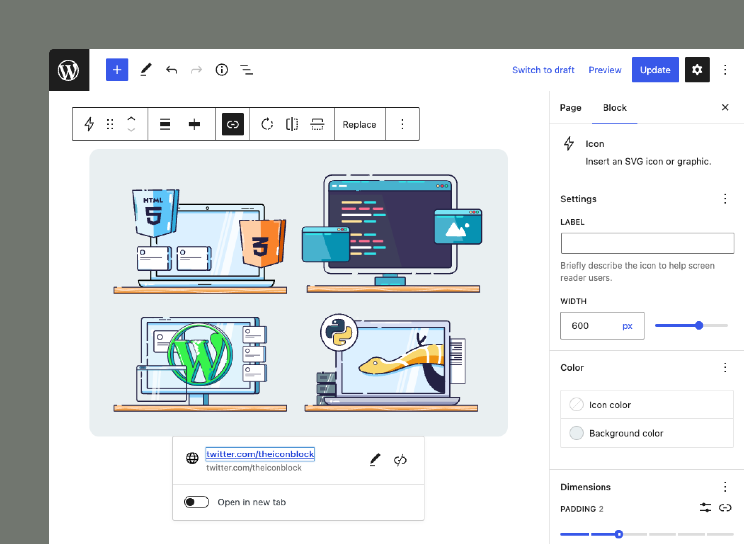 You are not limited to traditional icons. Any SVG-based graphic will work as well. The block will respect any hard-coded color/fill values in the provided SVG.