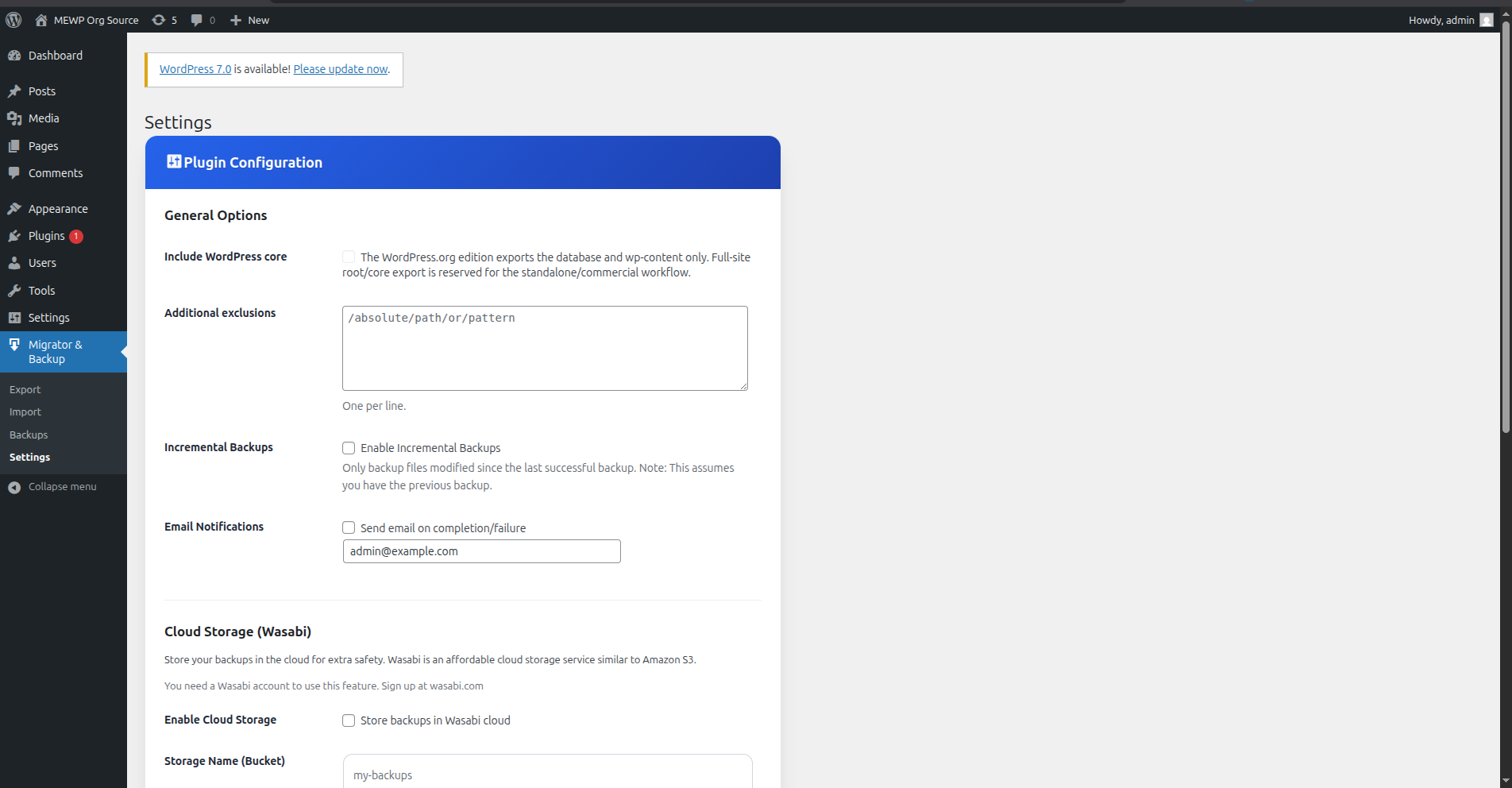 Settings - Configure exclusions and cloud storage options.