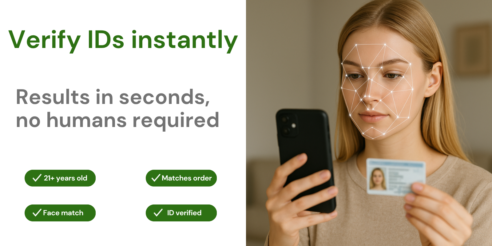 Verify IDs instantly, including driver's licenses, passports, and more.