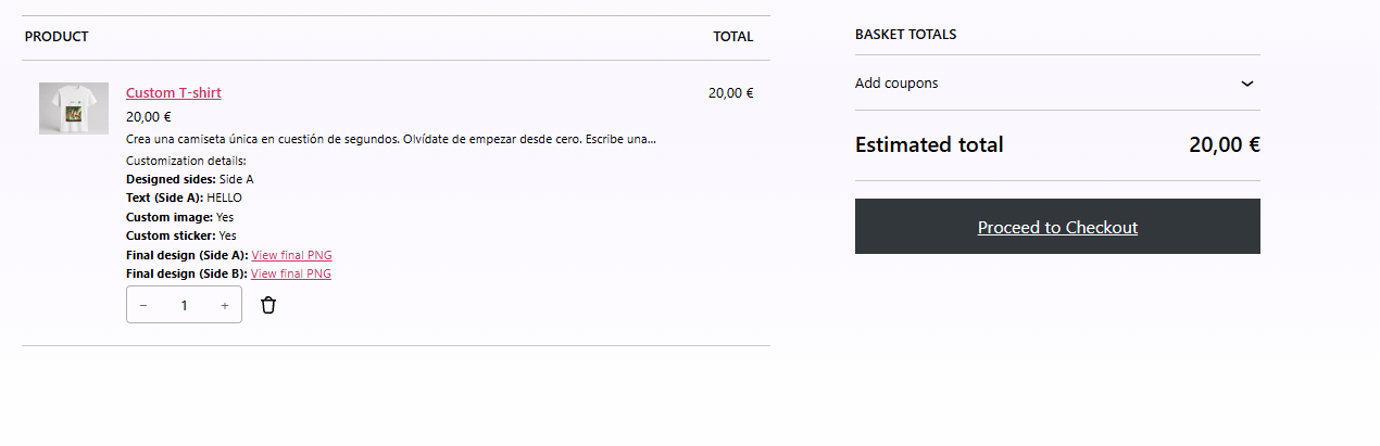 Cart with customization details