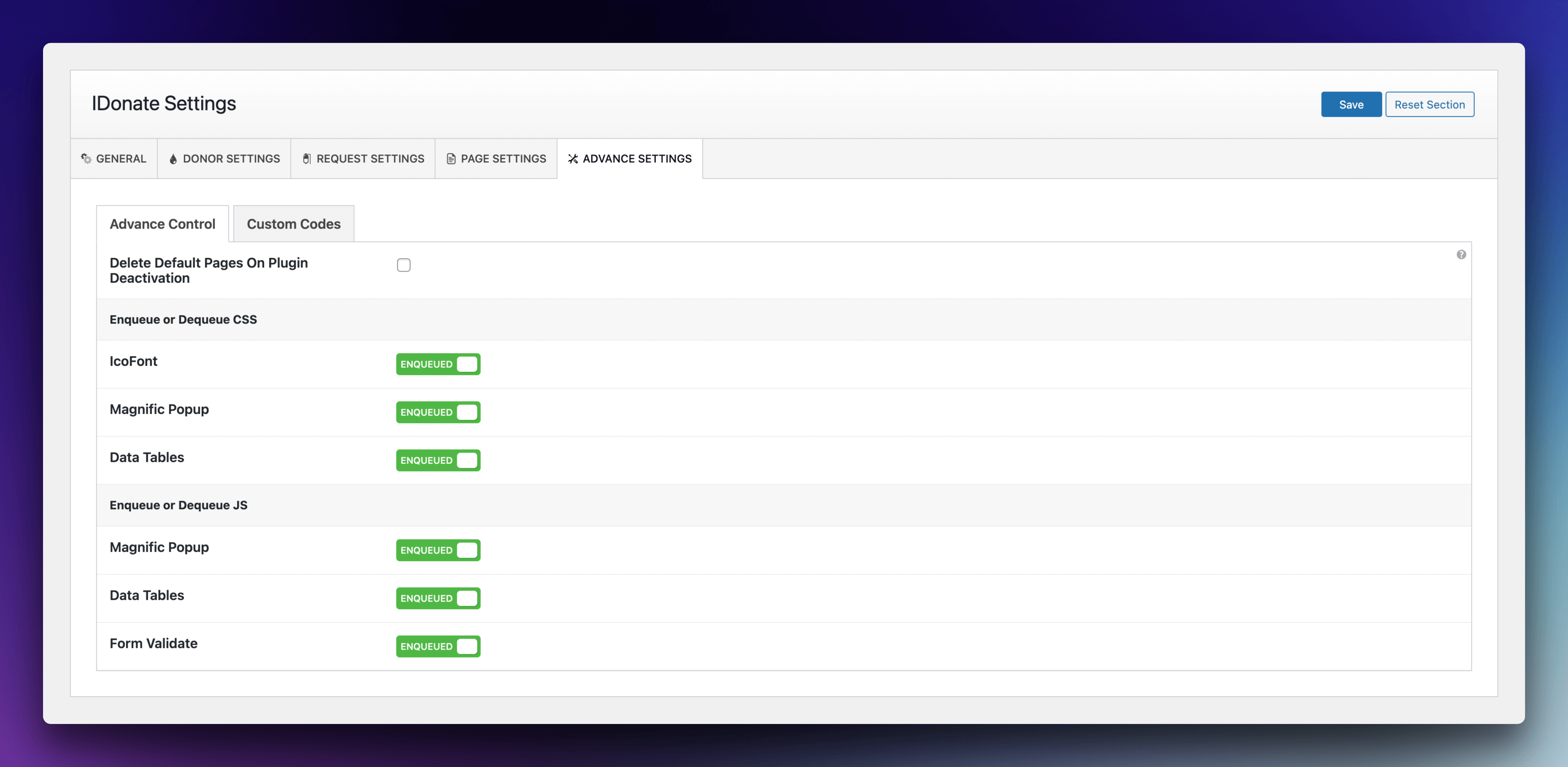 Dashboard Settings Advance Settings