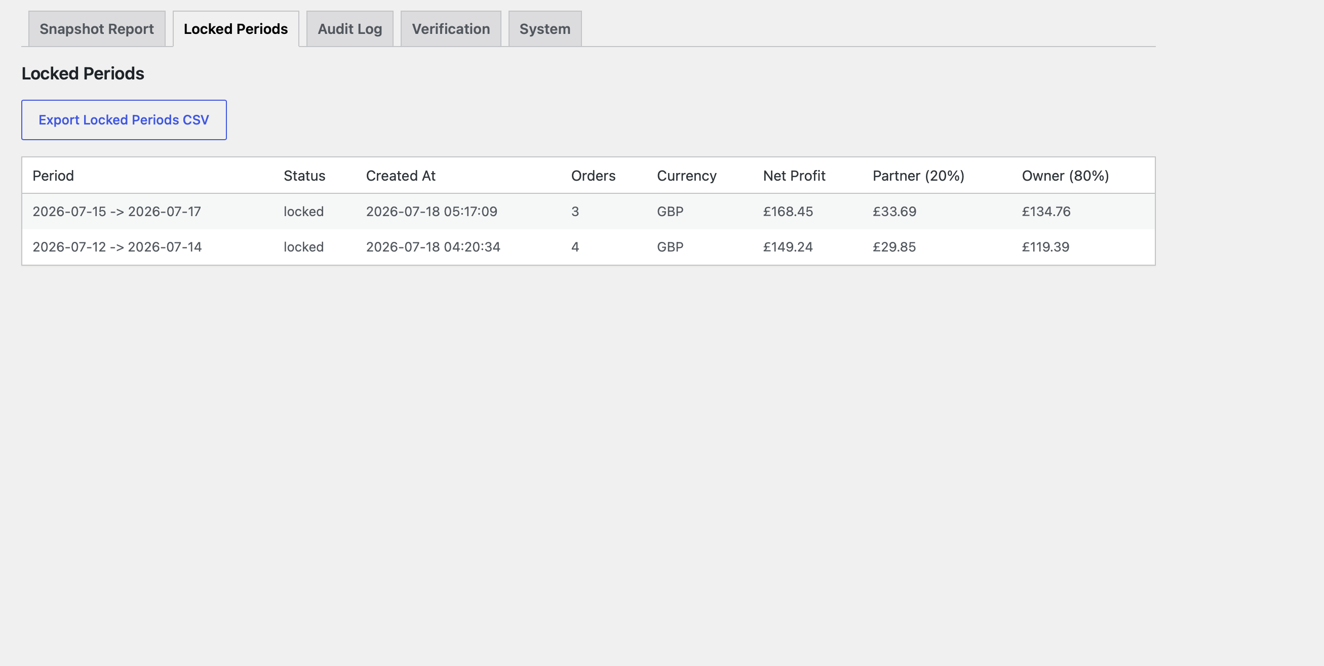 Locked Periods with permanently stored settlement totals and CSV export.