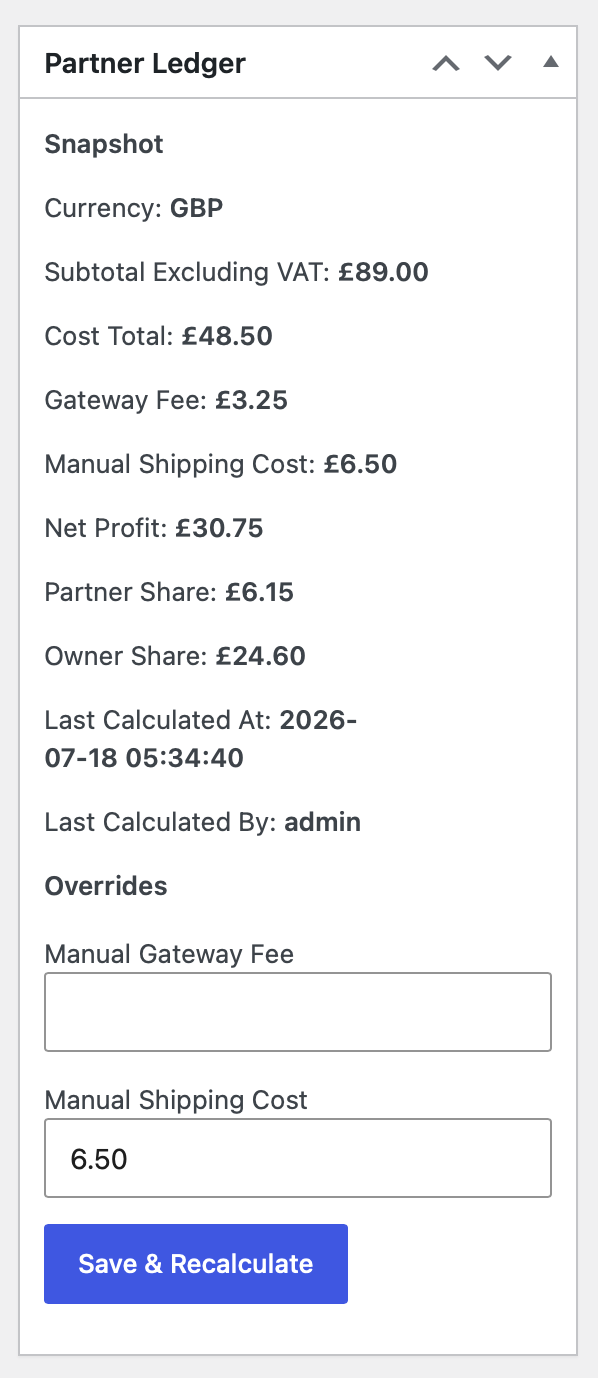 Partner Ledger panel on the order screen showing snapshot values and manual gateway fee and shipping cost controls.