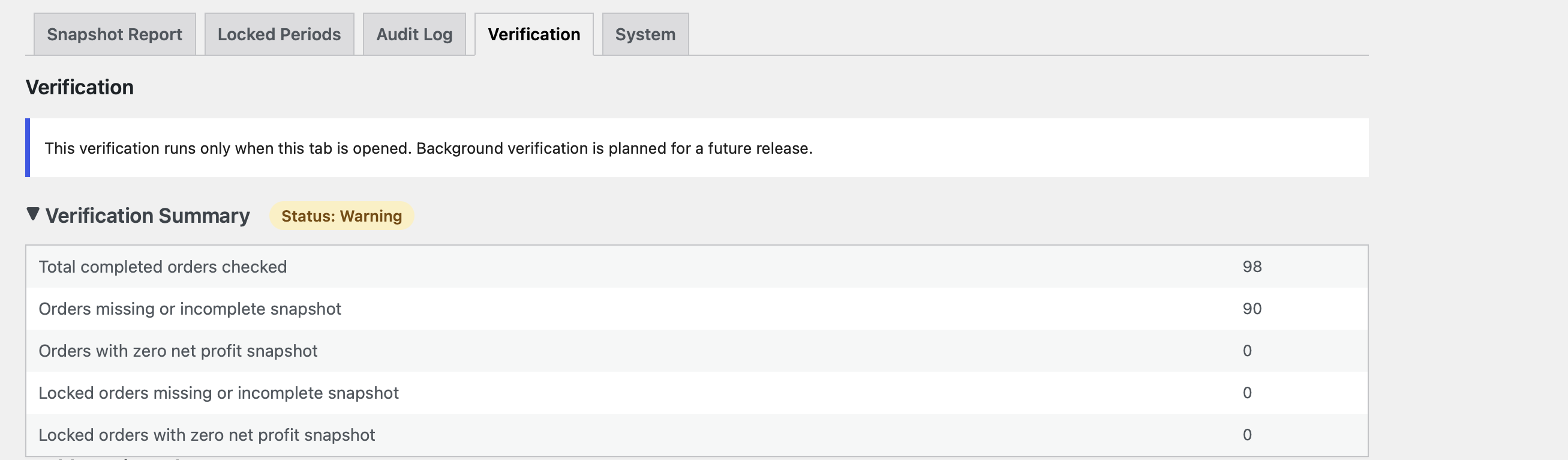 Verification tab with the verification summary and the Backfill Missing Snapshots tool.