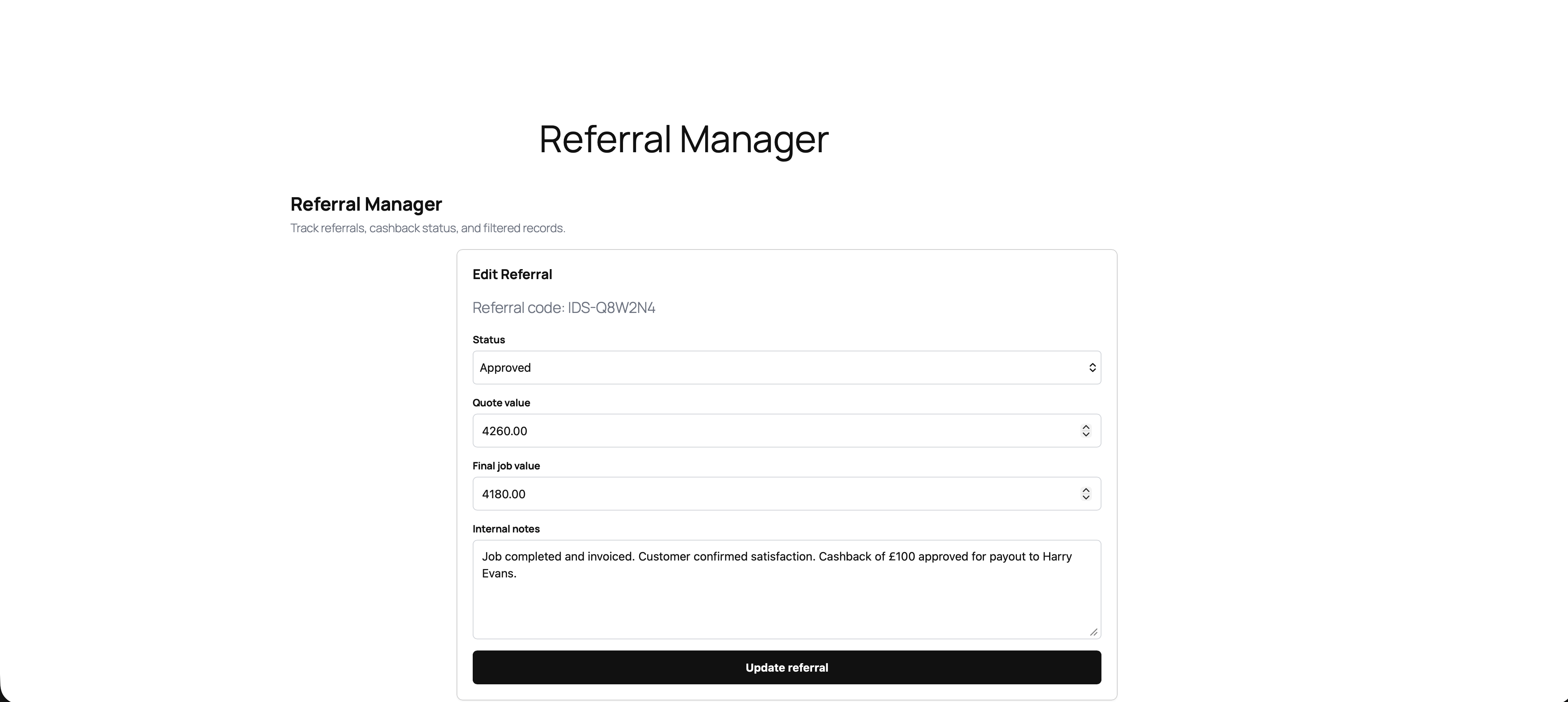 Referral manager filters and table placeholder.