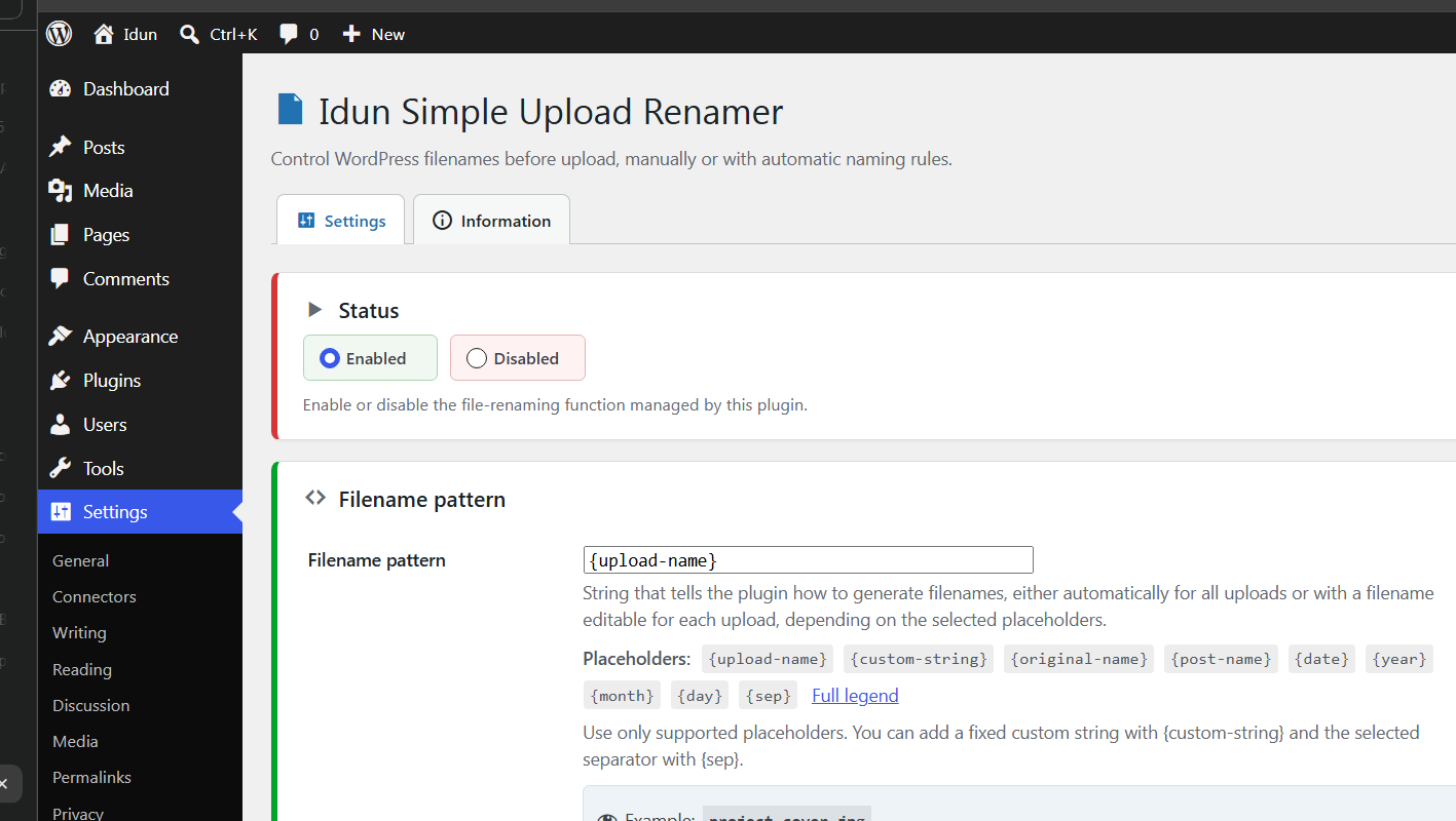 Configure filename patterns and review a live example in Settings.