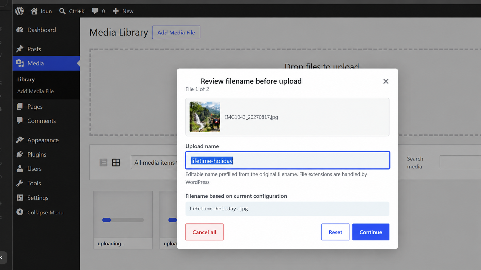 Review and edit a filename during a Media Library multi-file upload.