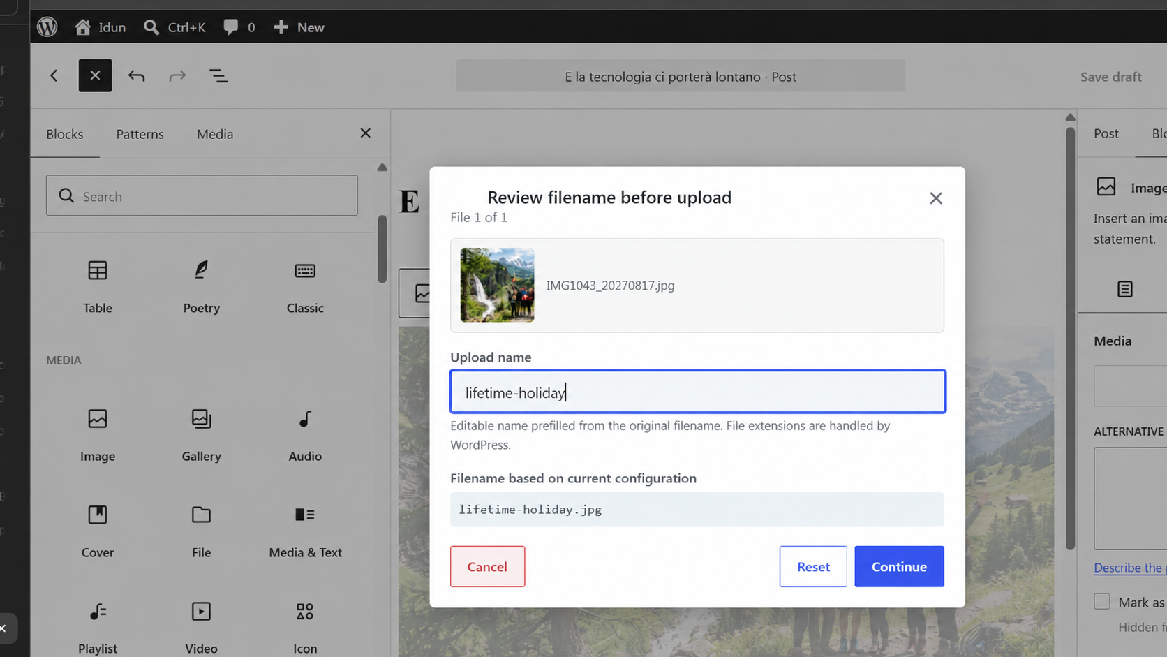 Rename a file before upload from the WordPress Block Editor.