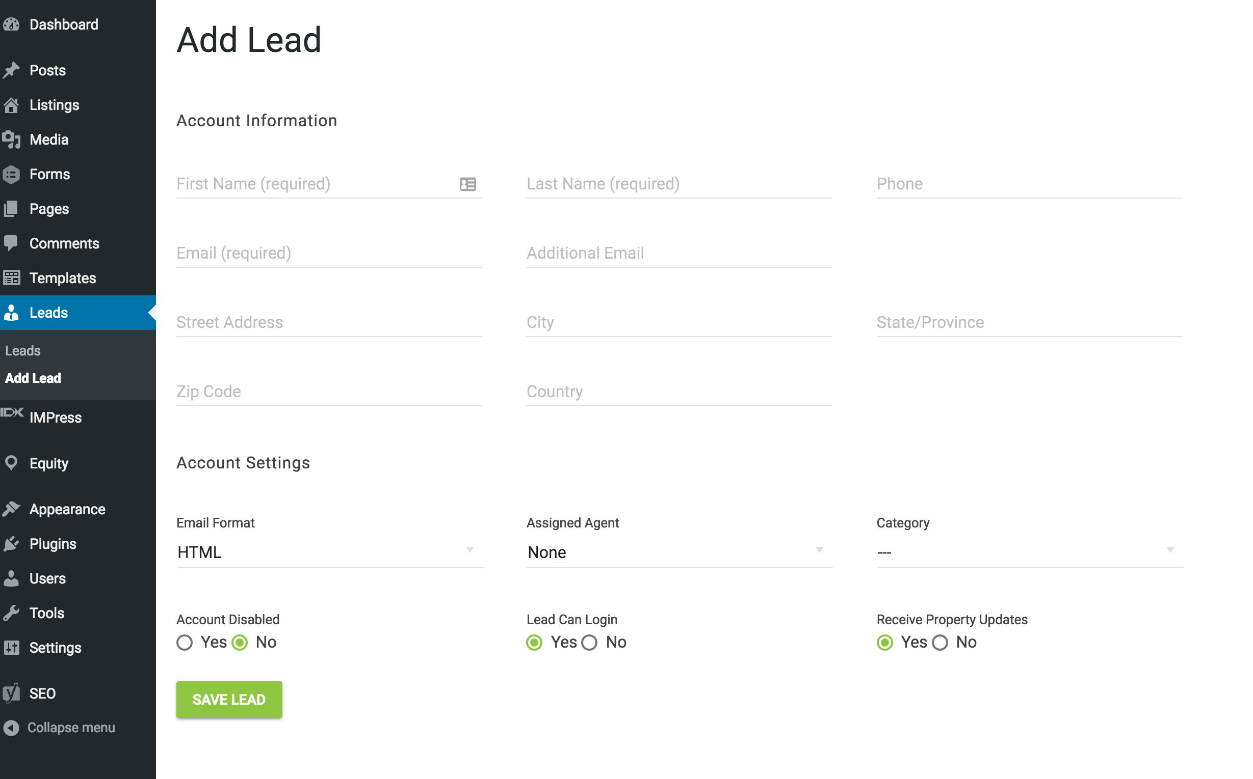 Add leads from your WordPress Dashboard and they will automatically sync with your IDX Broker account.