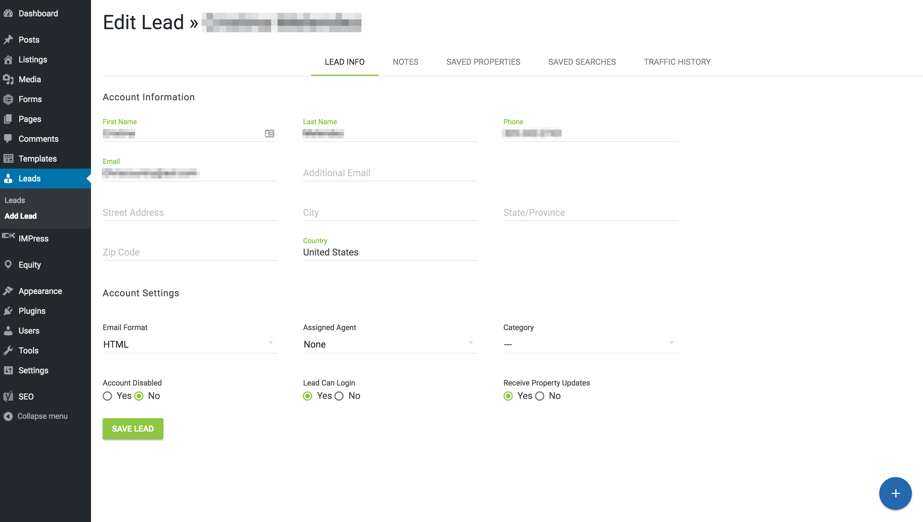 Edit leads directly from within your WordPress Dashboard. Changes will sync with your IDX Broker account.