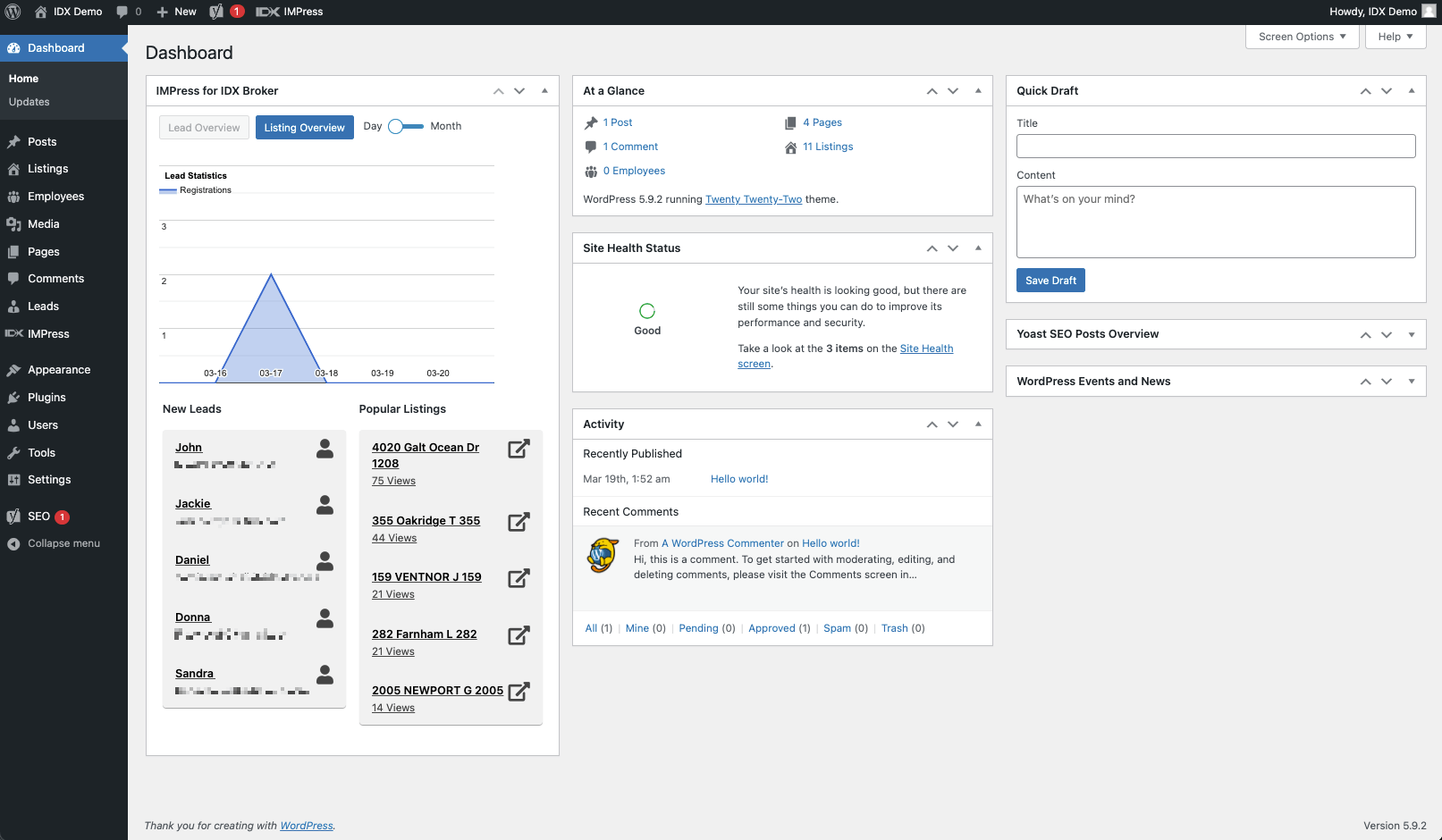 View popular listing pages (stats pulled from IDX Broker) and new leads from your WordPress Dashboard.