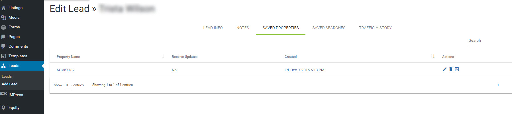 View Saved Properties created by or for your lead. One-click access to your IDX Broker Dashboard in order to create new saved properties, toggle emails on (for changes to property status, price, or other details), or remove an existing saved property.