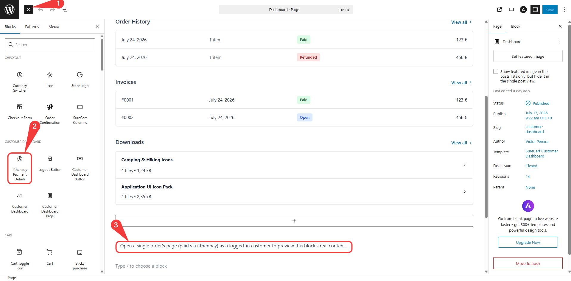 (Admin Only) Customer Dashboard editor — adding the "ifthenpay Payment Details" block