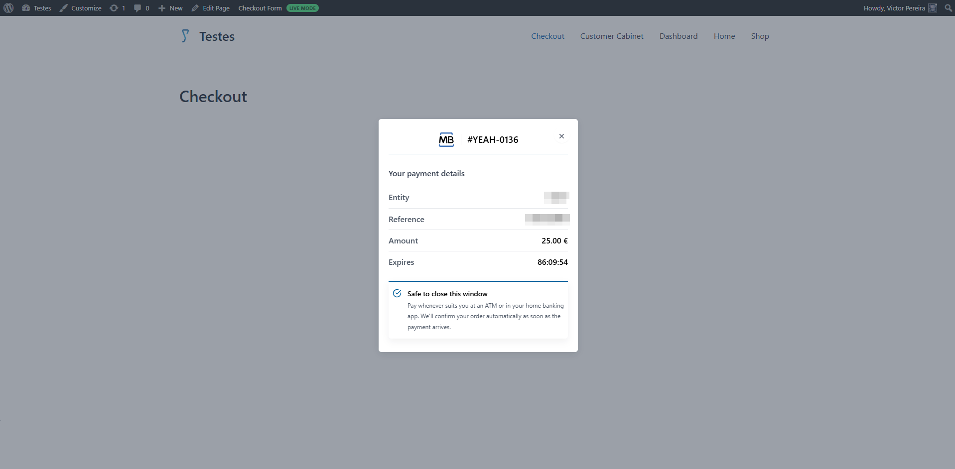 (Customers Experience) Multibanco — payment details (Entity/Reference)