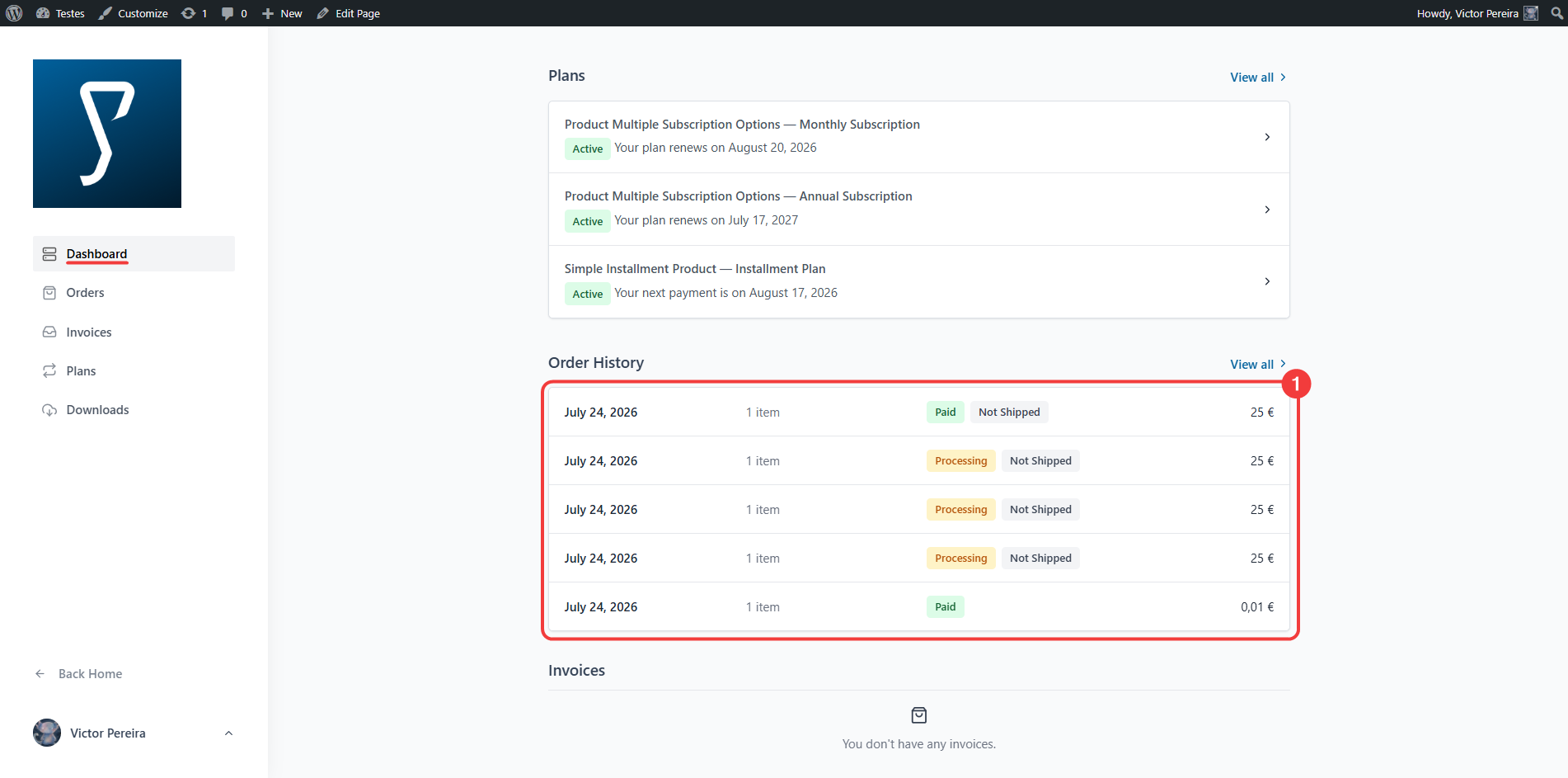 (Customers Experience) Customer Area — order history