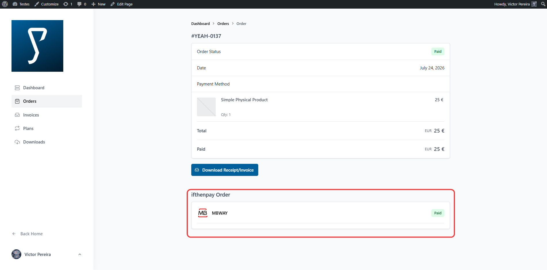 (Customers Experience) Single order page — "ifthenpay Payment Details" block (MB WAY paid)