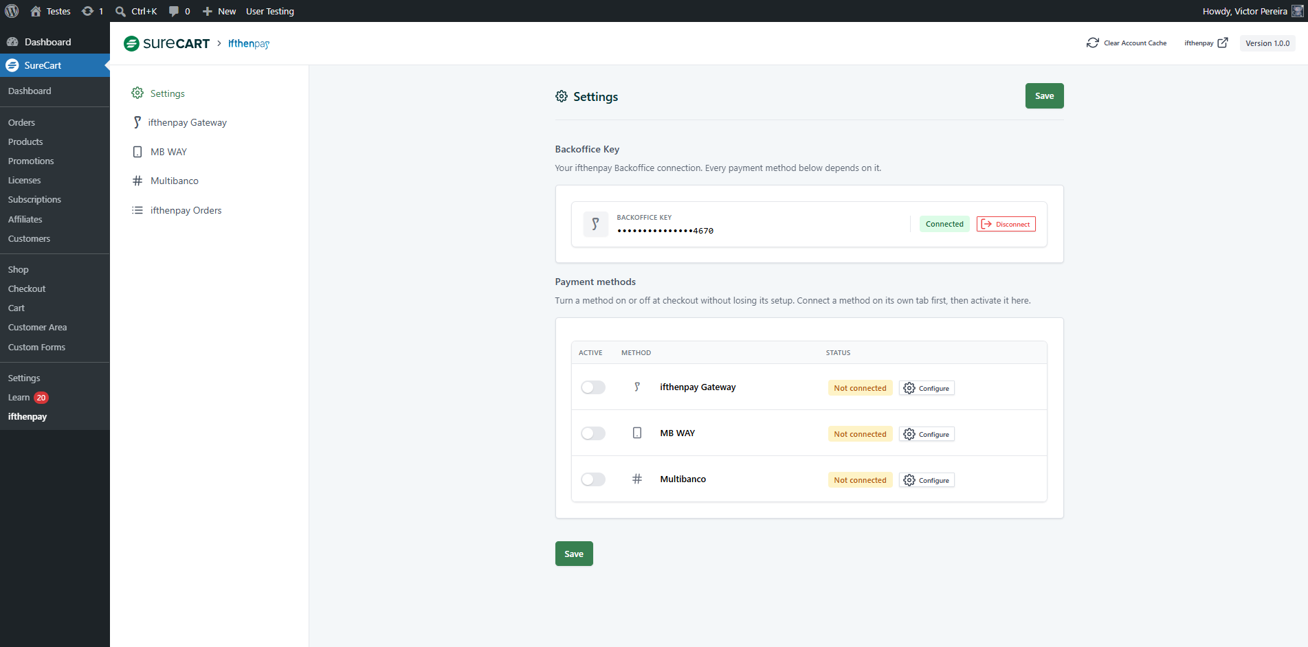 (Admin Only) Settings tab — Backoffice Key connected, payment methods list