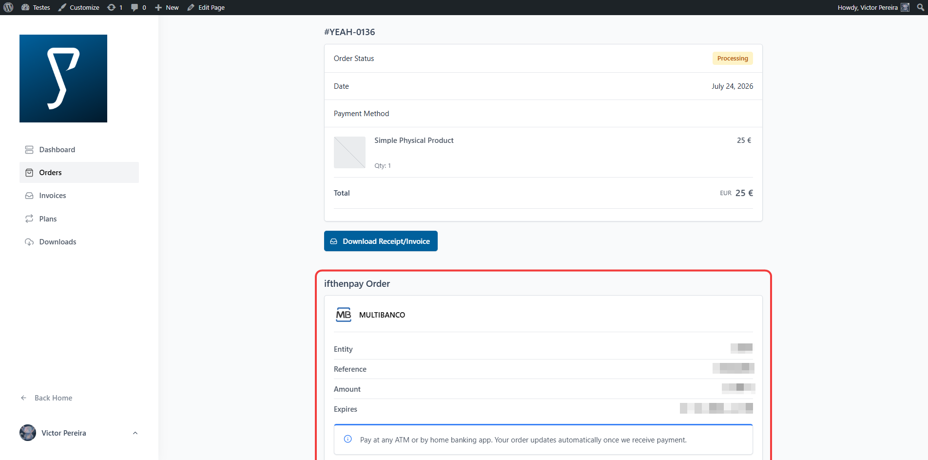(Customers Experience) Single order page — "ifthenpay Payment Details" block (Multibanco pending)