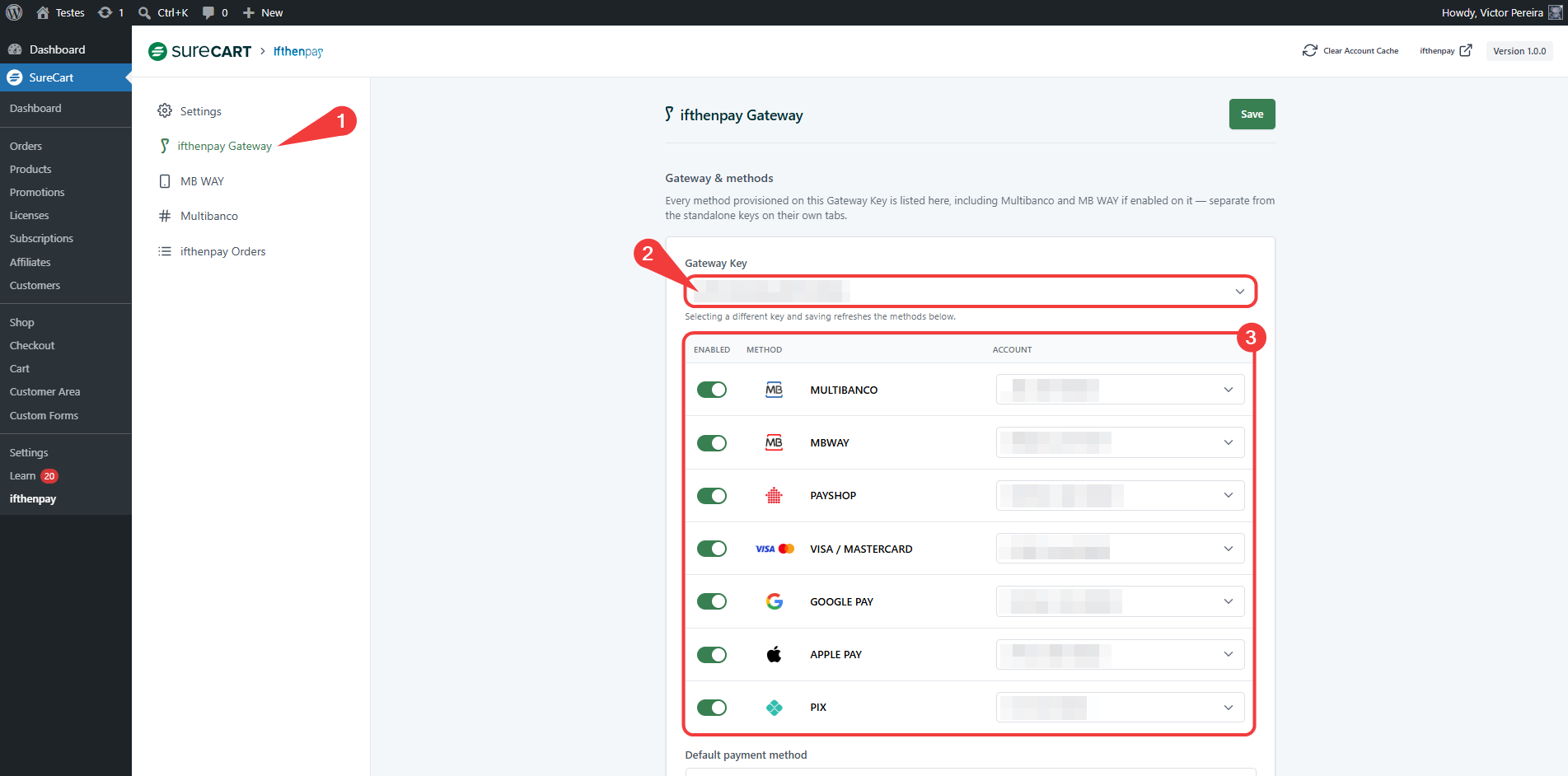 (Admin Only) ifthenpay Gateway tab — Gateway Key selector and payment-methods table