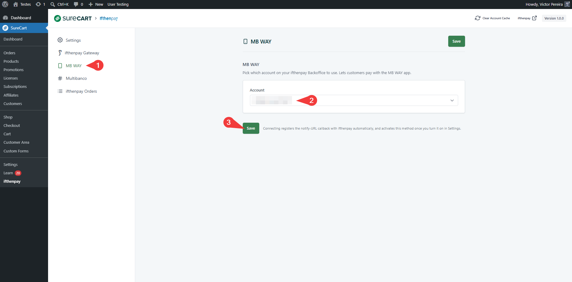 (Admin Only) MB WAY tab — account selection