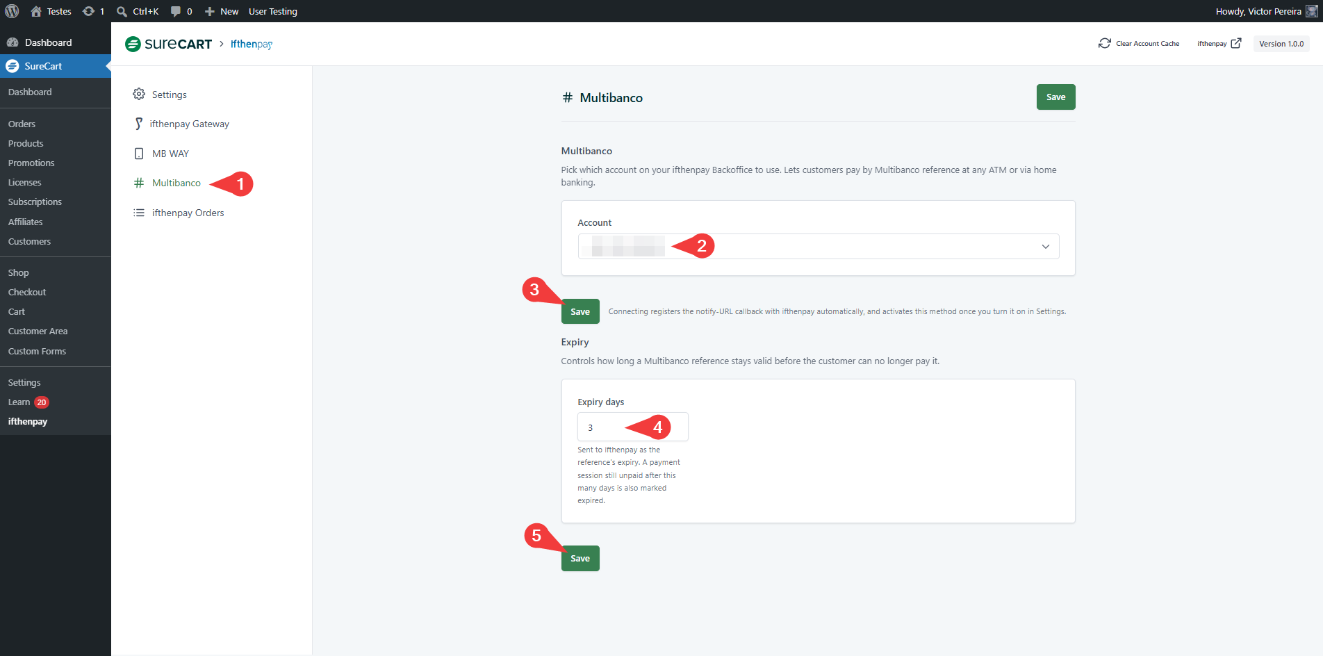 (Admin Only) Multibanco tab — account selection and expiry days