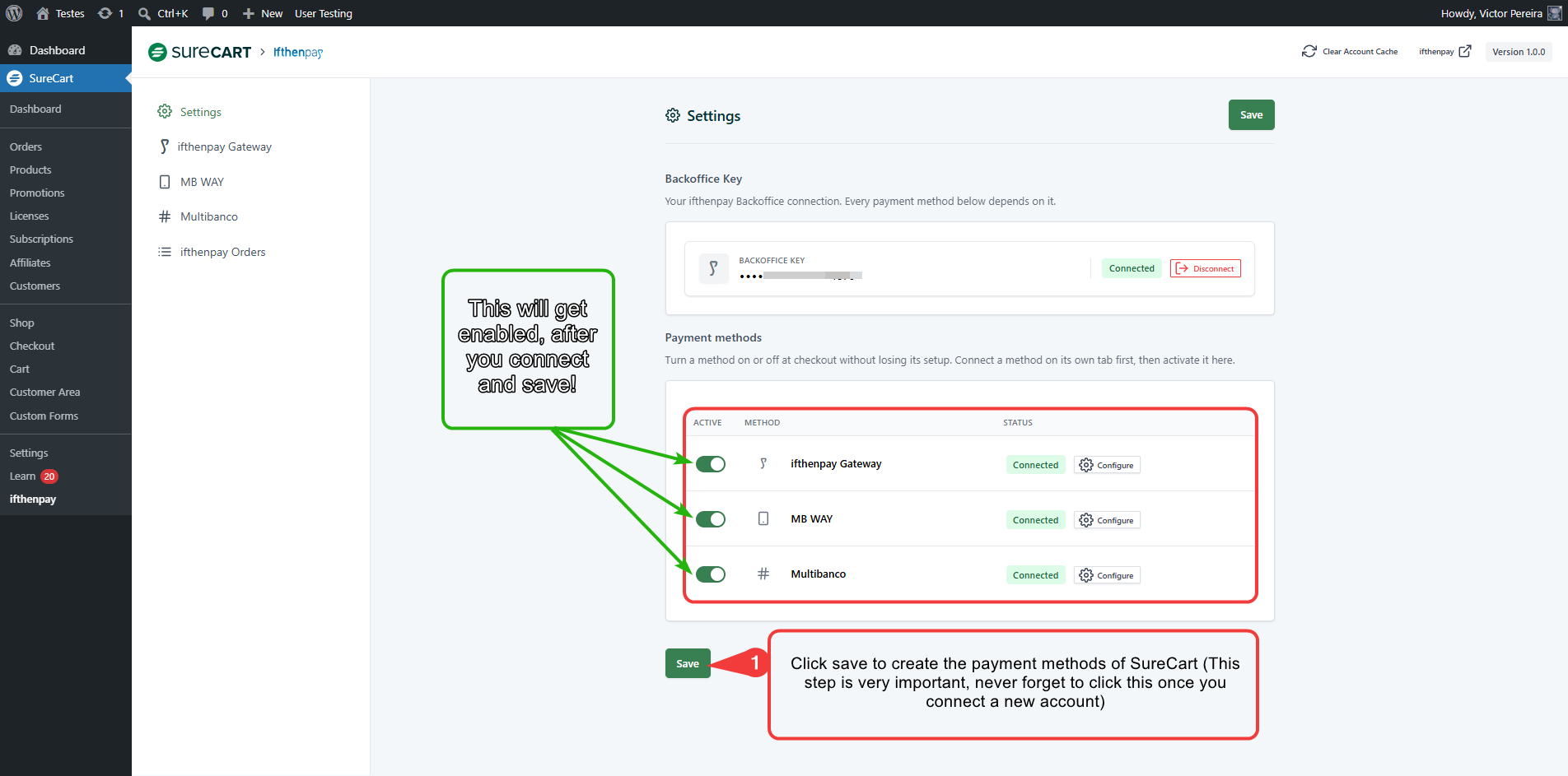 (Admin Only) Settings tab — activating connected payment methods