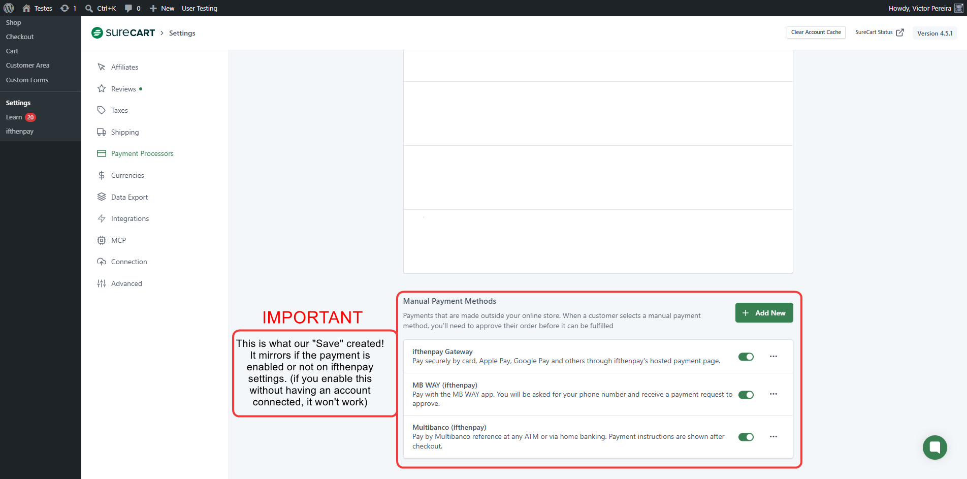 (Admin Only) SureCart → Settings → Payment Processors — Manual Payment Methods created automatically