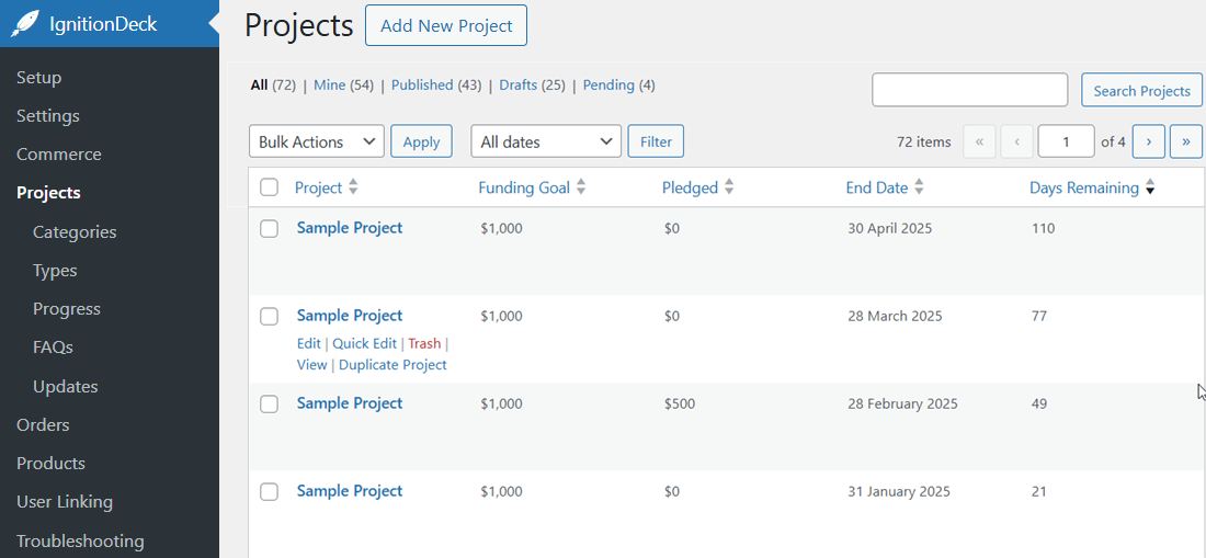 Admin project posts, taxonomies, progress tracking, and more