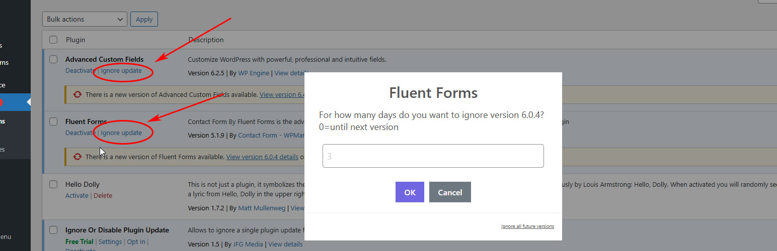 Ignore Or Disable Plugin Update