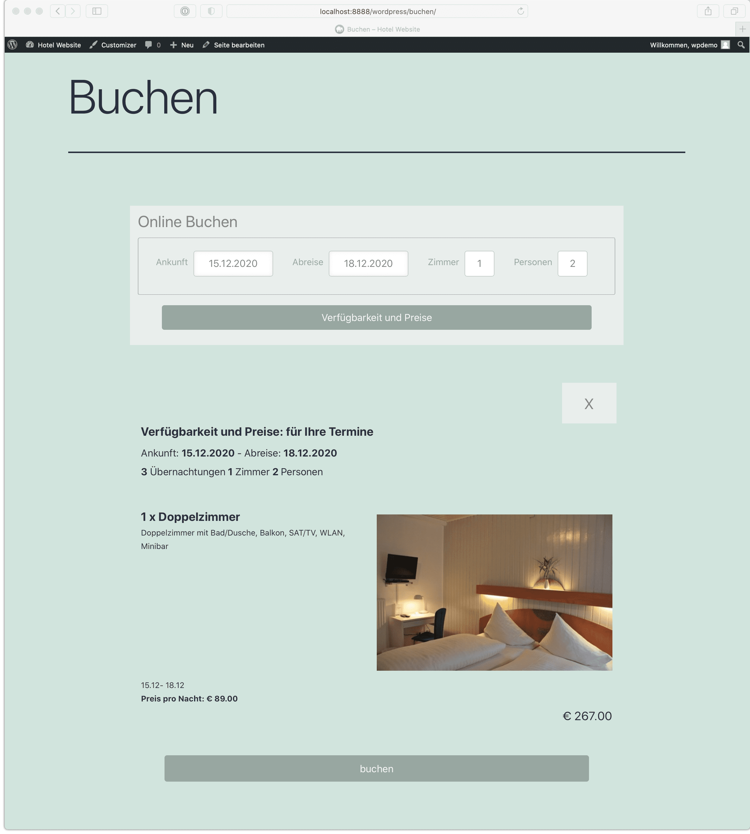igumbi Online Booking Tool integrated into a WordPress page