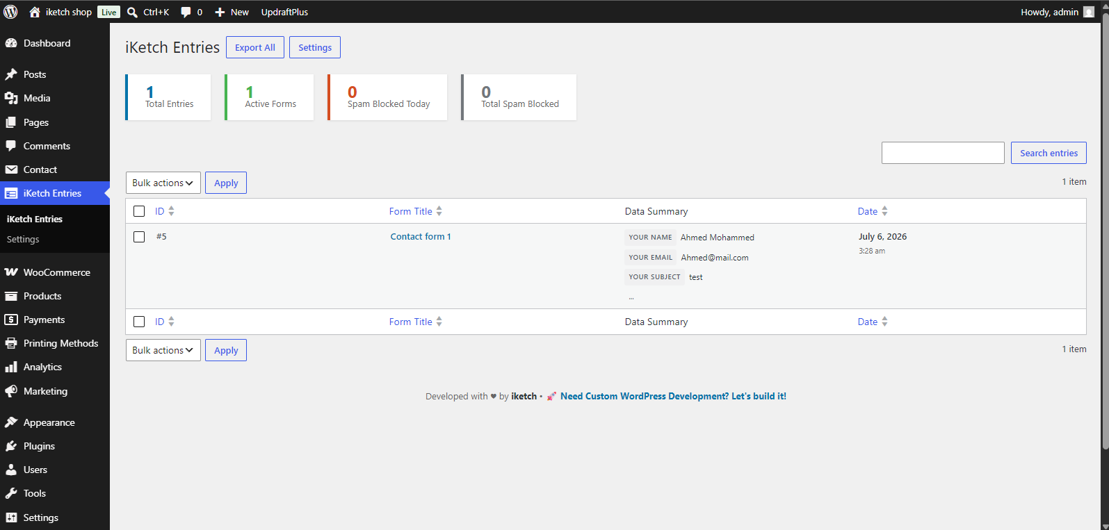 Entries dashboard with search, filters, export tools and spam statistics.