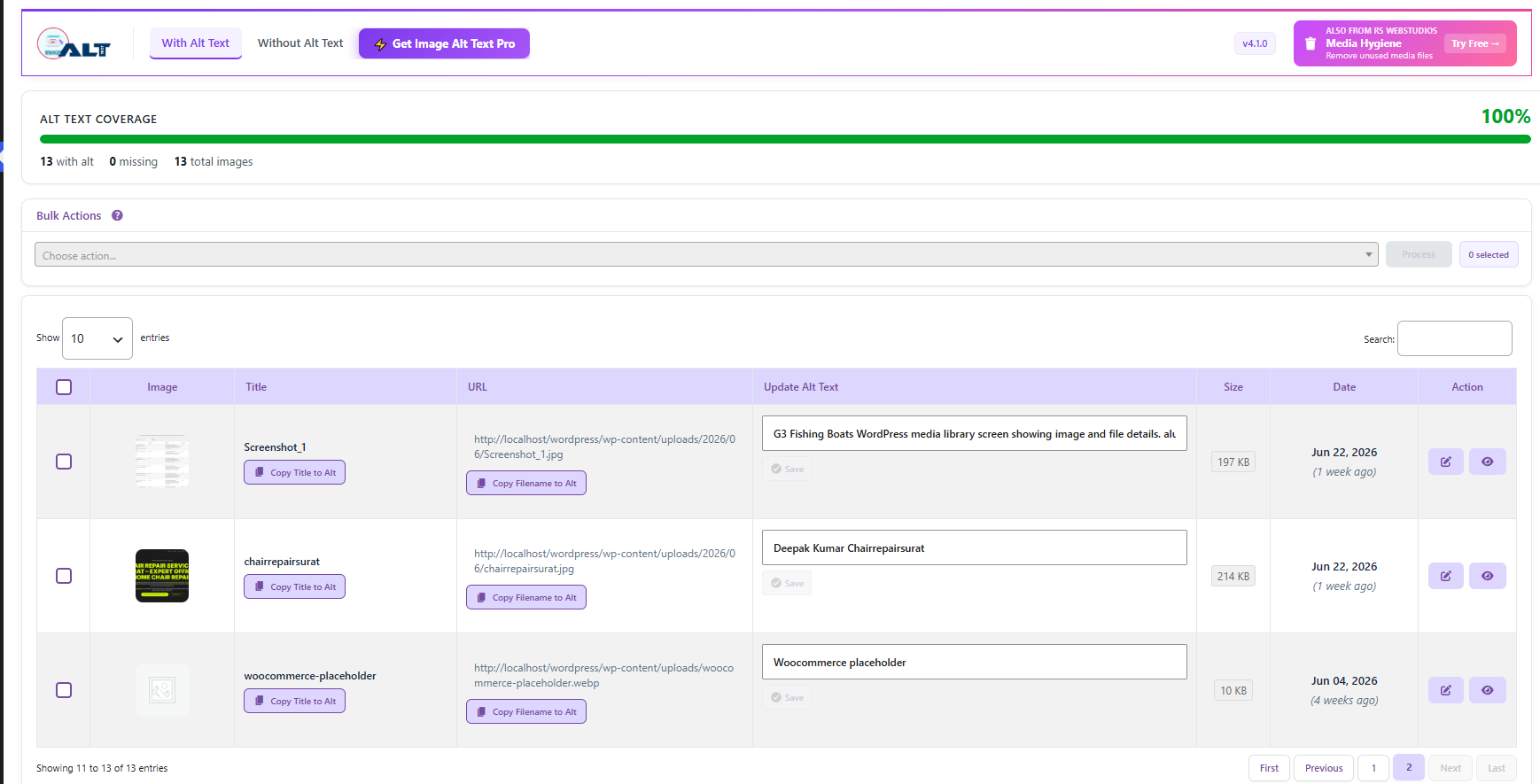 Version 4.1.0 - Images with Alt Text: redesigned smart inline editor with Copy Title to Alt, Copy Filename to Alt, Save/Reset buttons, Size column and Bulk Actions