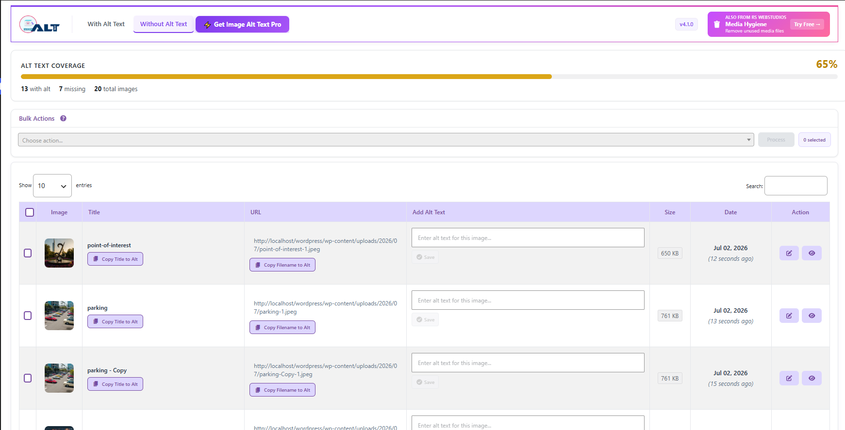 Version 4.1.0 - Images without Alt Text: redesigned layout with bulk checkbox selection, inline alt text editor and improved action buttons