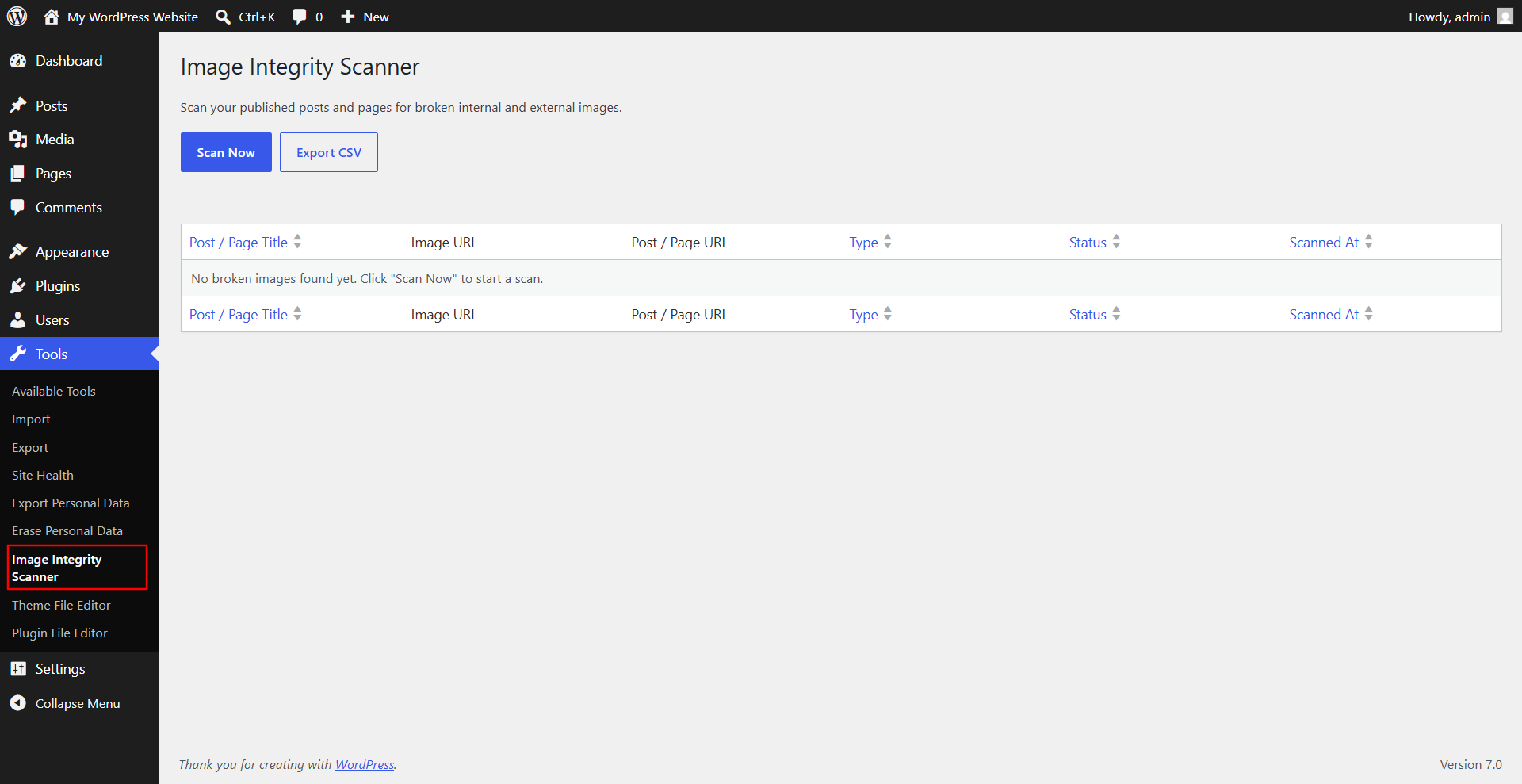 The Image Integrity Scanner admin page with the Scan Now button and live progress bar.