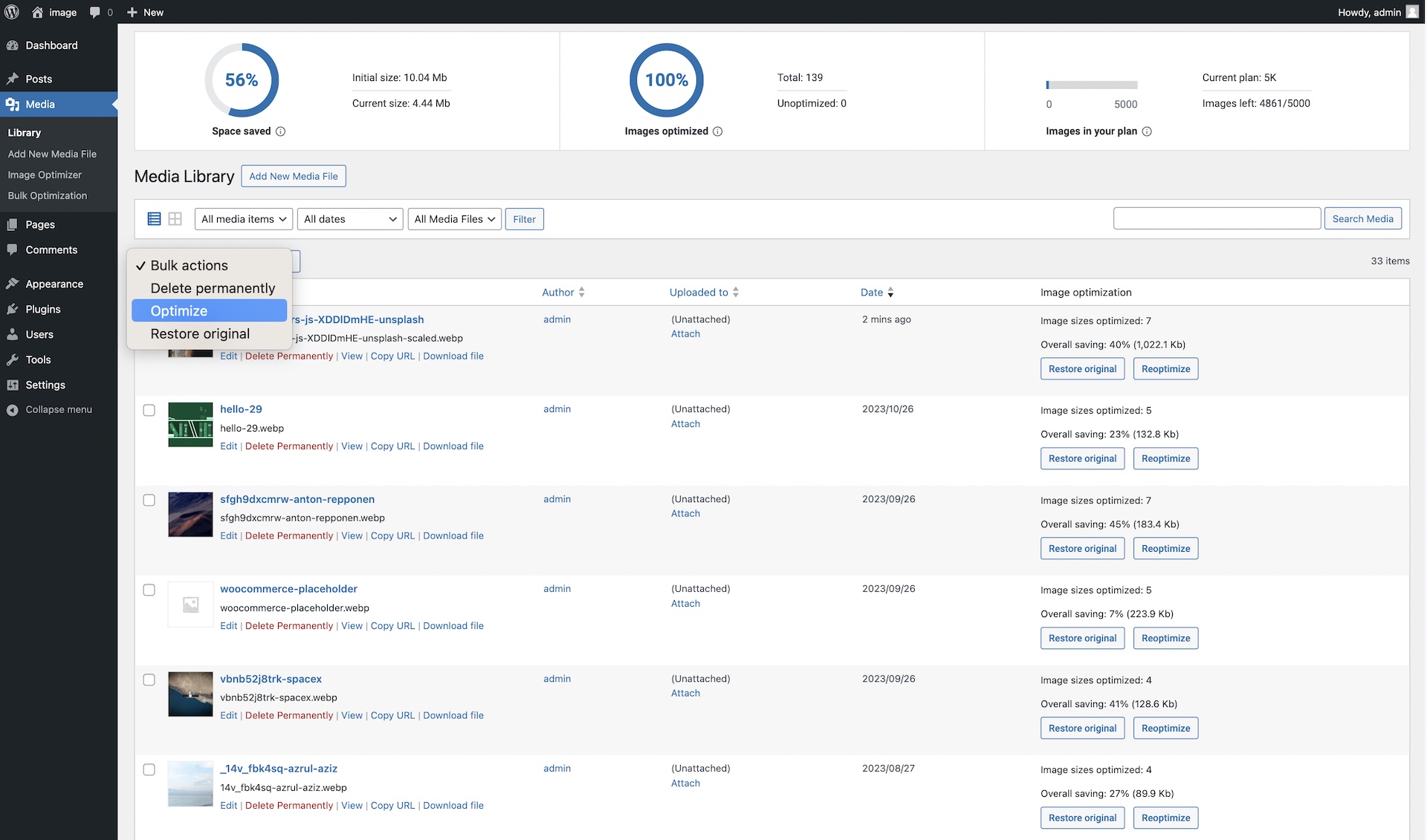 Image Optimizer - Bulk Actions and Individual Actions in the Media Library