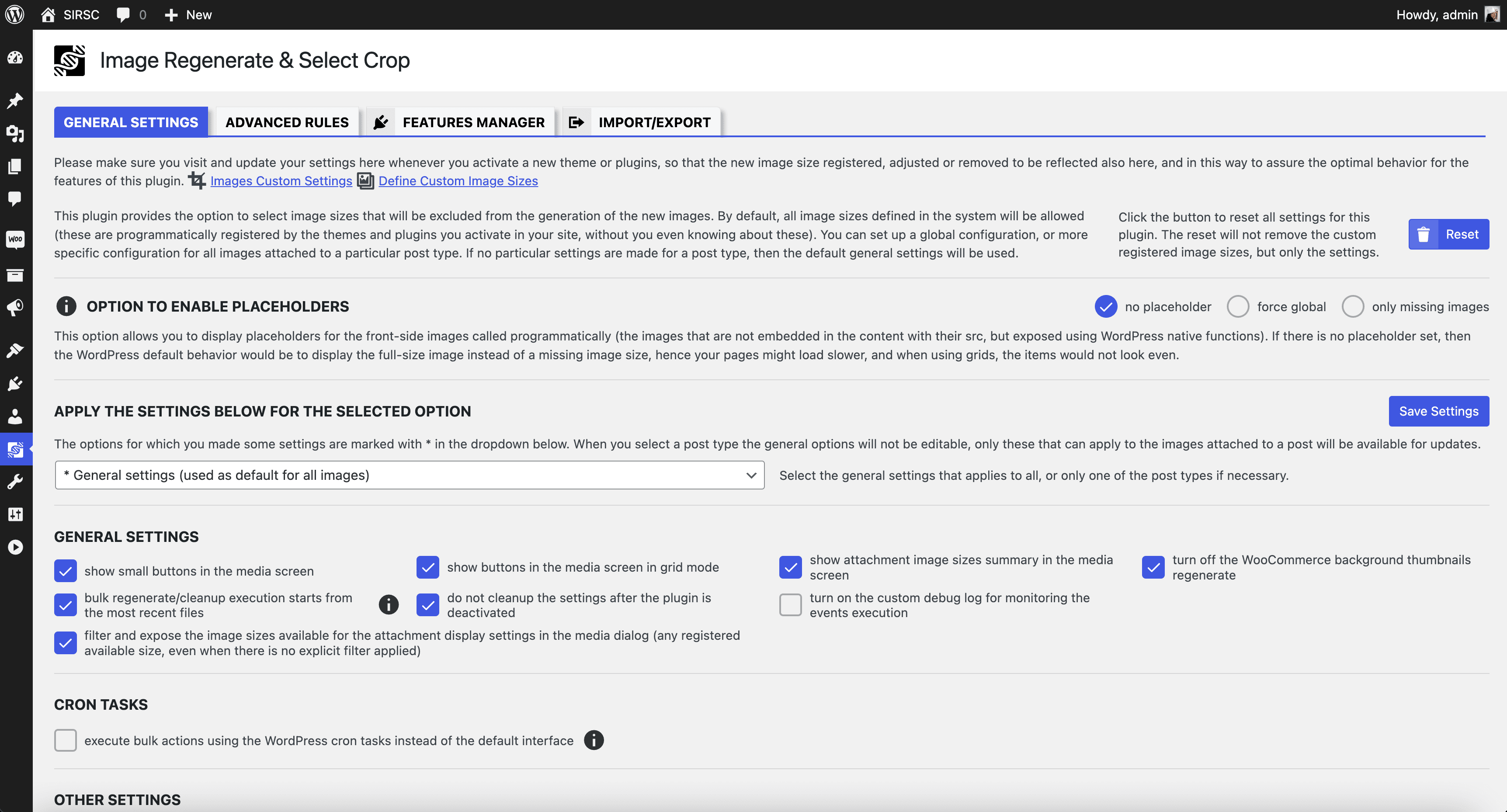 The general setting view, placeholders, cron taks etc.