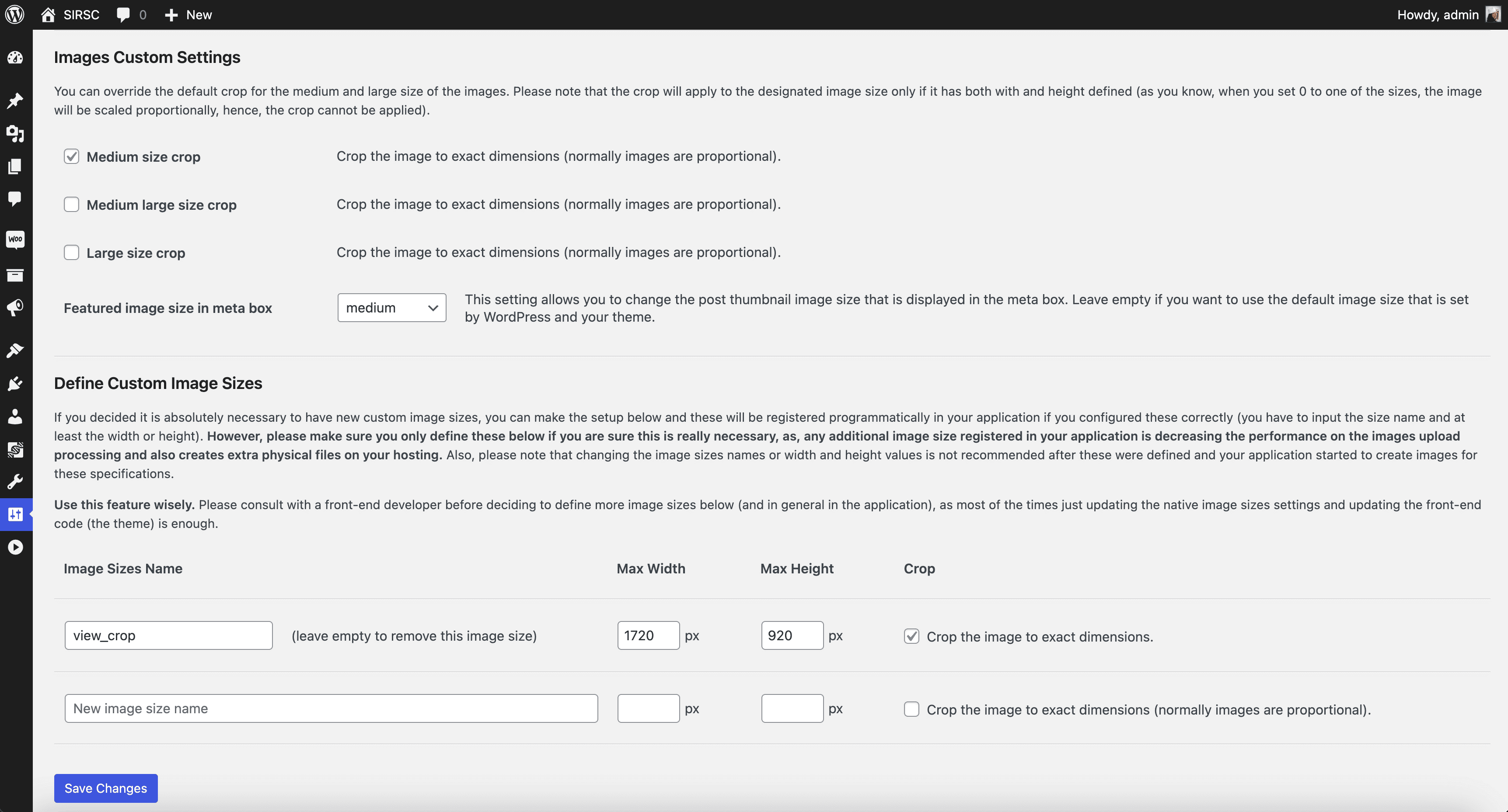 Example of settings that override the crop option for native sub-sizes, create/remove custom image sizes registered with the plugin.