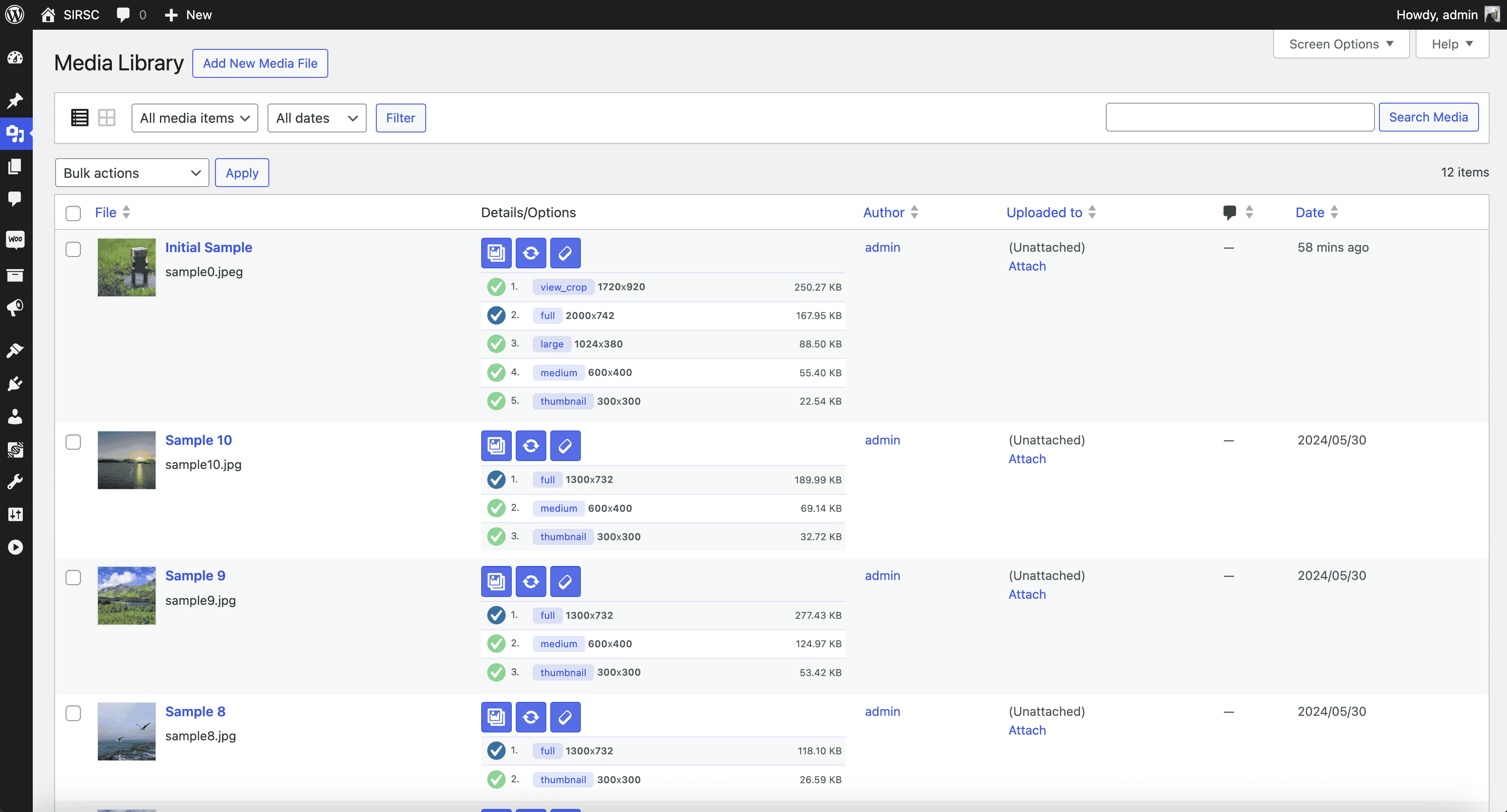 Example of the plugin buttons in the media listing view for each of the attachments, to allow direct access to details, bulk regenerate all sub-sizes of the attachment and cleanup. Additionally, the summary of files is displayed (turned on/off from settings)