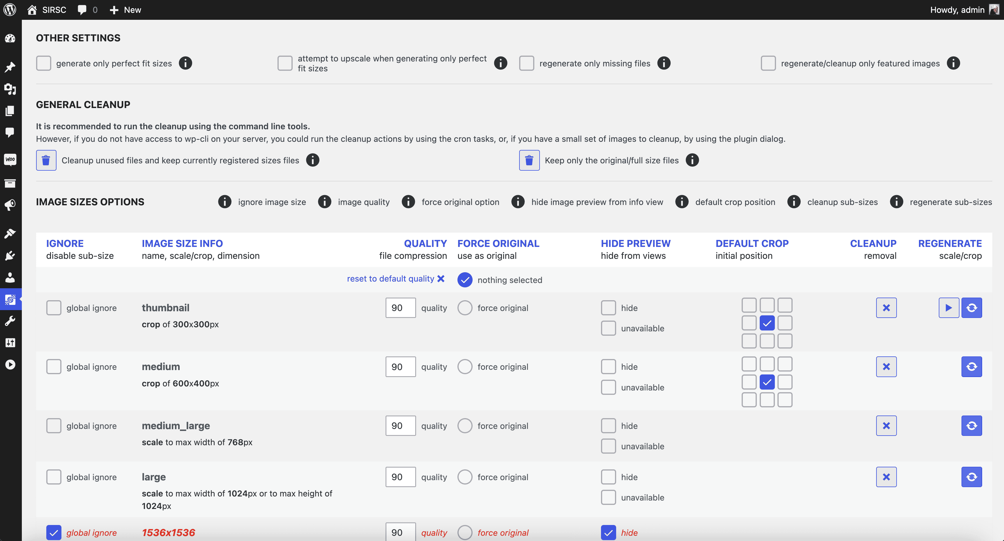 The general setting view with options to regenerate all images for a specific size, cleanup, general crop position, quality, globally ignore sub-sizes, hide sub-sizes from views.