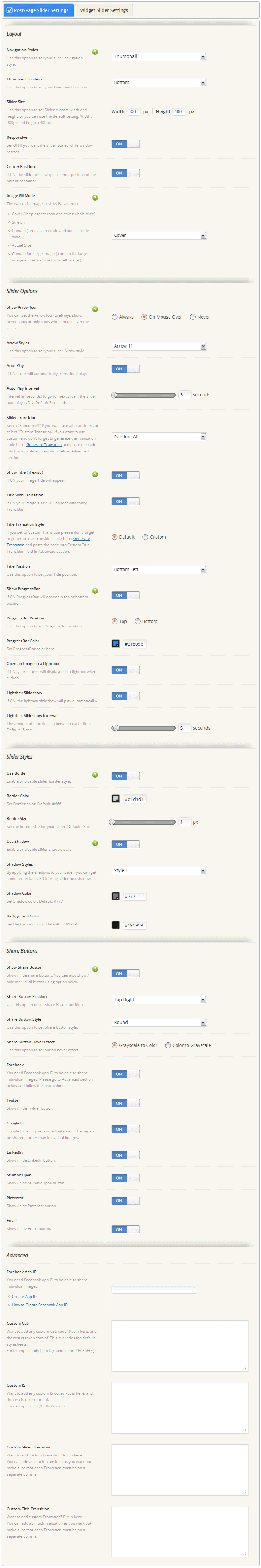 Pro Version Slider Options