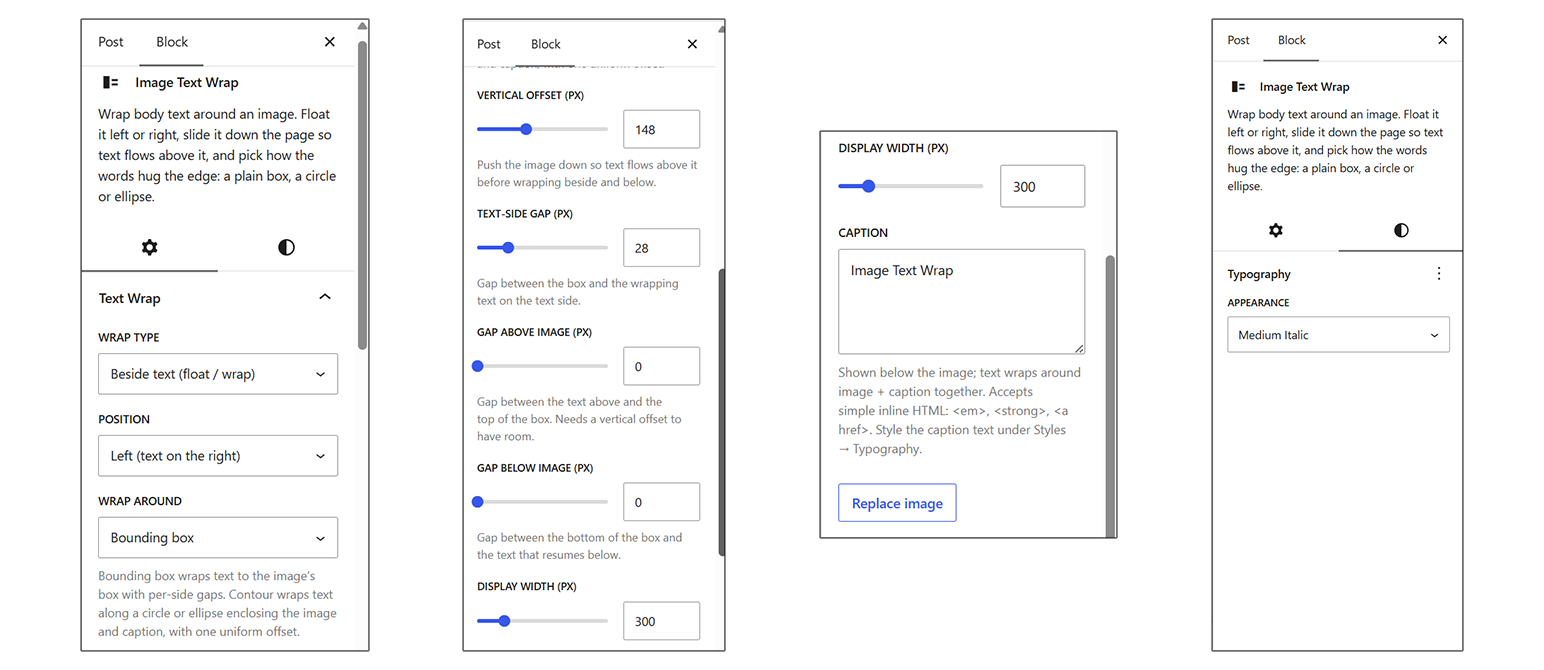 The Text Wrap panel controls: wrap type, position, wrap around, vertical offset, per-side gaps, display width, caption, and the Typography styles.