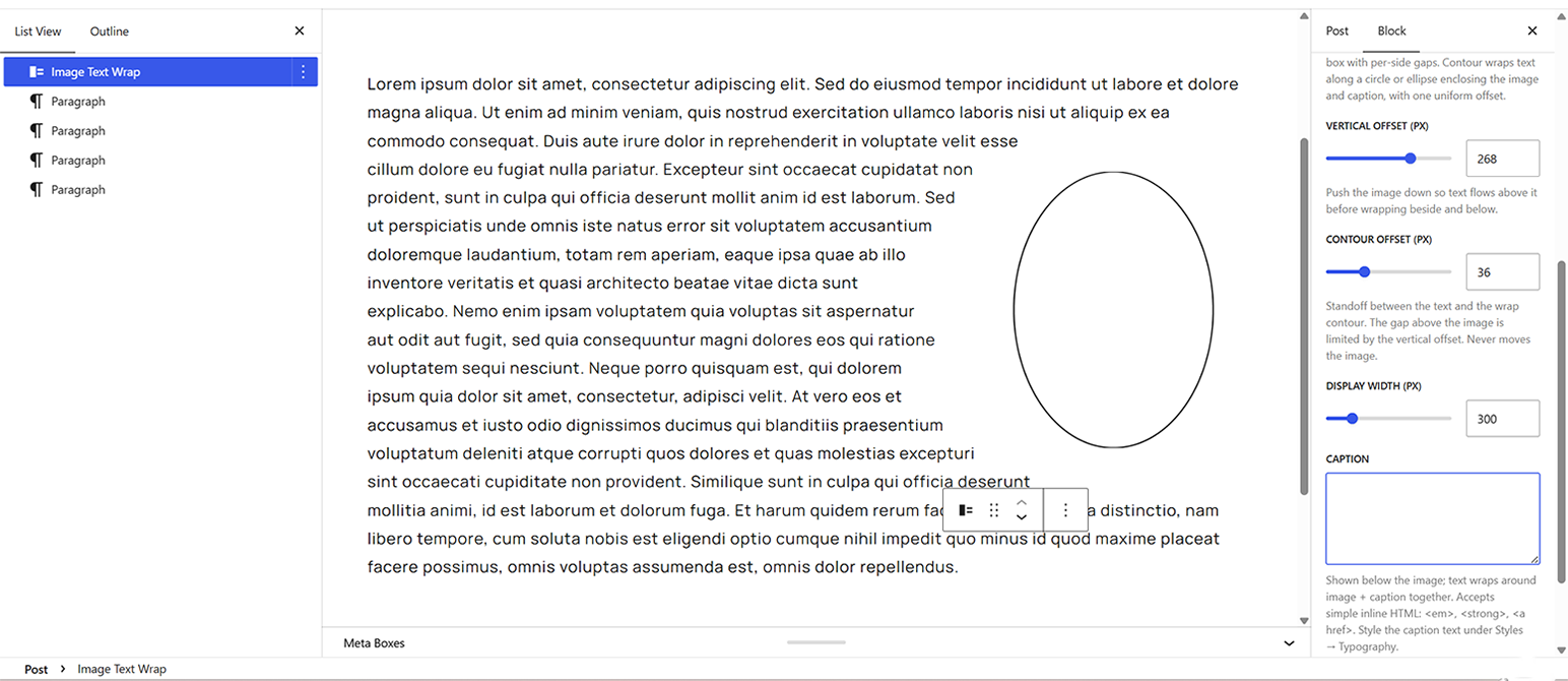 Contour ellipse wrap in the editor: text follows an ellipse standing off the image by a uniform contour offset.