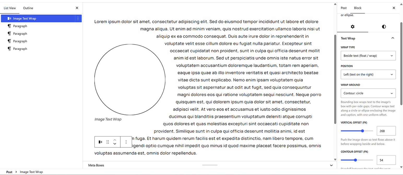 Contour circle wrap in the editor: text hugs a circle around the image and its caption.