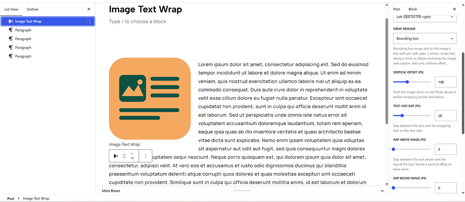 Bounding box wrap in the editor, with the block's List View and Text Wrap panel open.