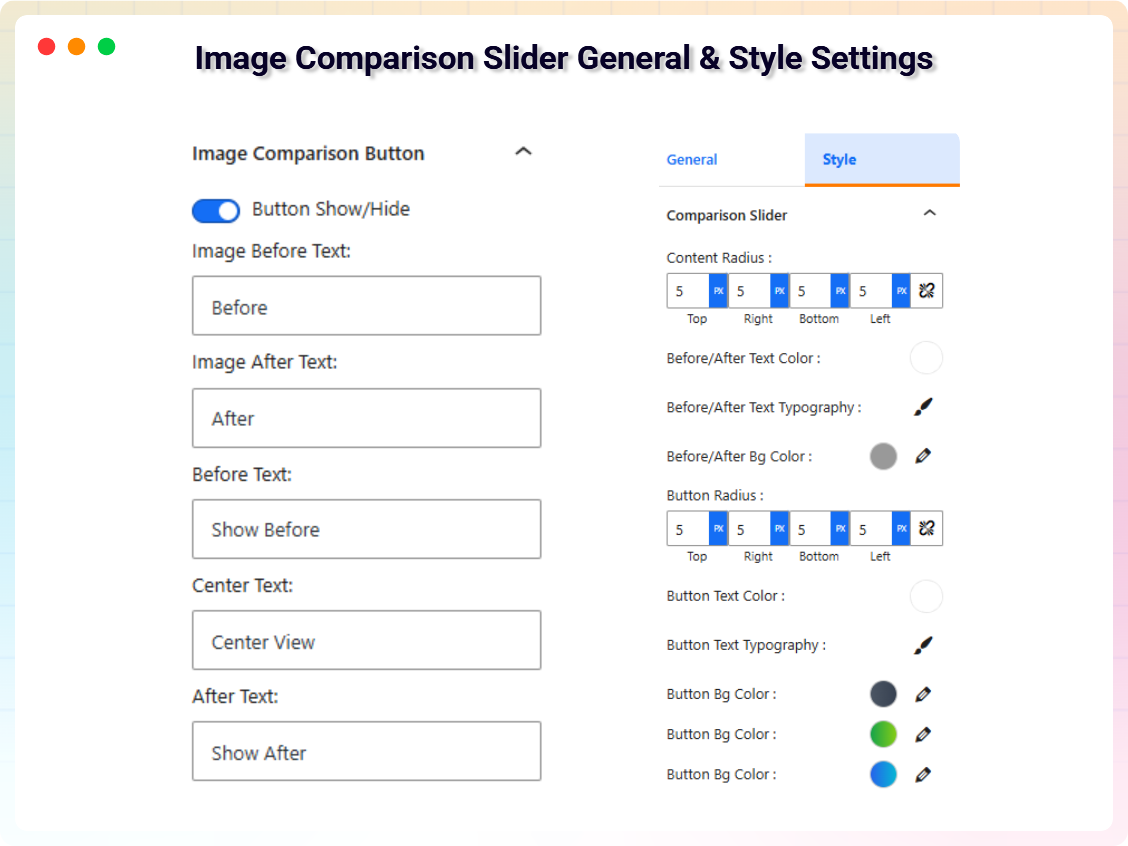 Image Comparison Slider General & Style Settings